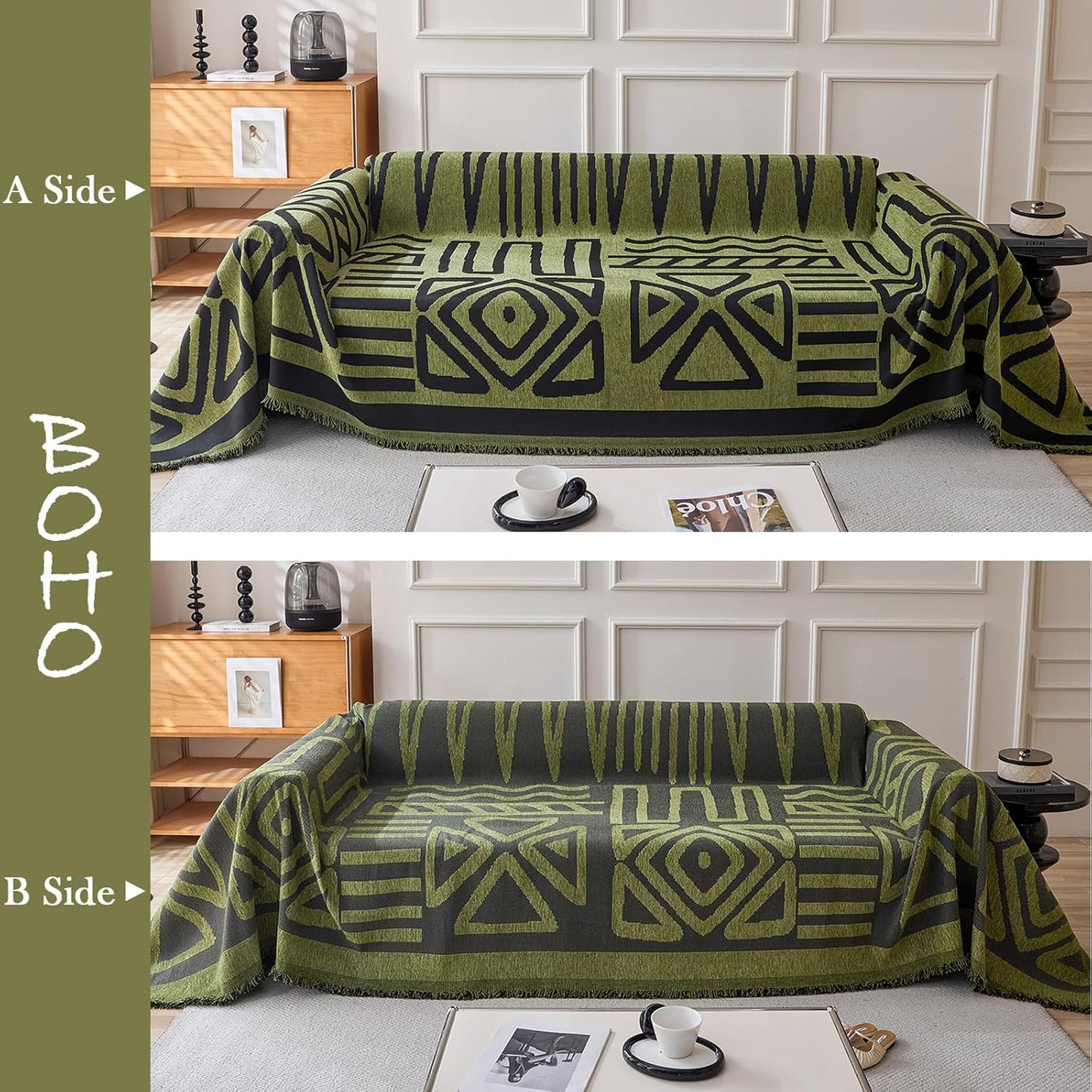 HANDONTIME Boho Geometric Couch Covers for Sofa Pet Friendly Avocado and Black Sofa Covers Washable Chenille Couch Blanket Cover for 1 2 Cushion Couches Pet Protector Furniture Cover Soft, 71" X 102"