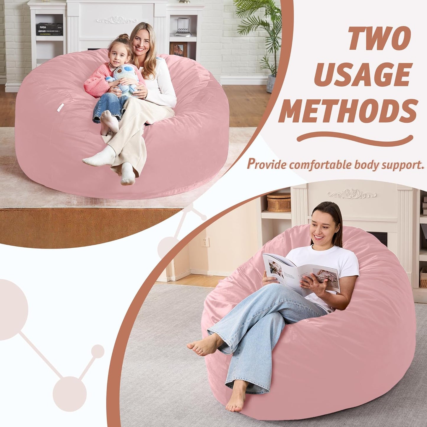 5FT Bean Bag Chair with Ultra Soft Velvet Cover Bean Bag Sofa with Memory Foam Bean Bag Chairs with Large Size Lazy Sofa for Dorm Office Living Room Bedroom Light Pink 5'