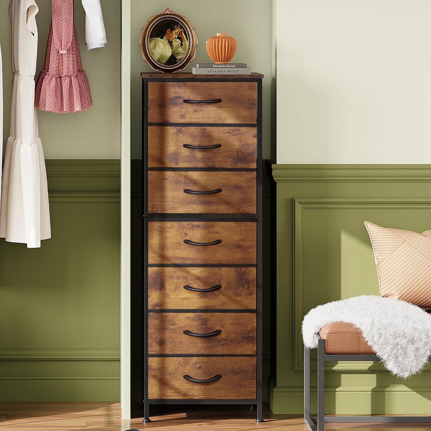 WLIVE Tall Dresser for Bedroom, 7 Drawer Dressers & Chests of Drawers, Fabric Dresser for Closet, Night Stand with Metal Frame, Storage Tower with Fabric Bins, Wood Top, Rustic Brown Wood Grain Print