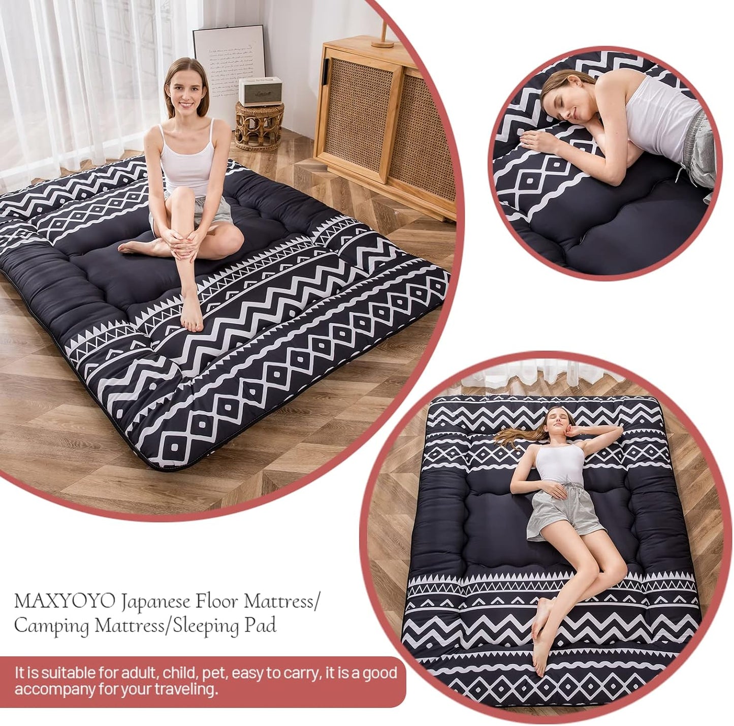 MAXYOYO Japanese Floor Mattress Futon Mattress, 4" Thicken Tatami Mat Sleeping Pad Foldable Roll Up Mat Boys Girls Dormitory Pad Kids Floor Lounger Pillow Bed, Charcoal Grey, Queen Size