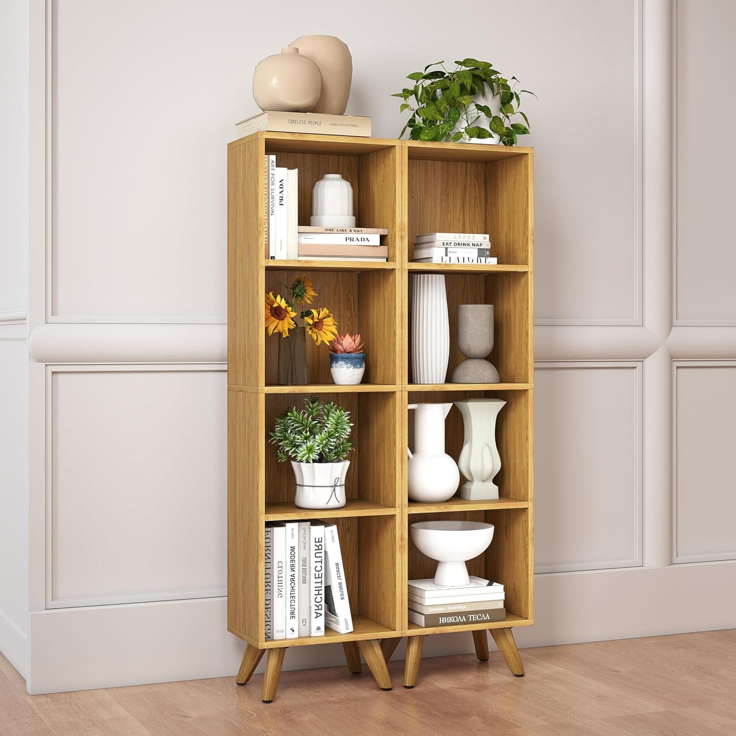 Manora Small Bookcase with 4 Open Shelves, Modern Bookshelf with Wooden Legs, Narrow Storage Organizer for Living Room, Bedroom, Office, Oak