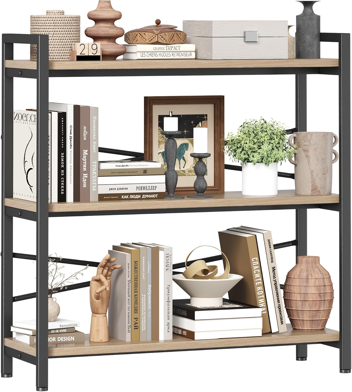 Book Shelf, 3 Tier Bookshelf 31.49" Width, Book Shelf Storage and Organization, Wooden and Metal Industrial Bookcase, Large Book Shelves for Home Living Room Bedroom Office Storage(Light Coffee)