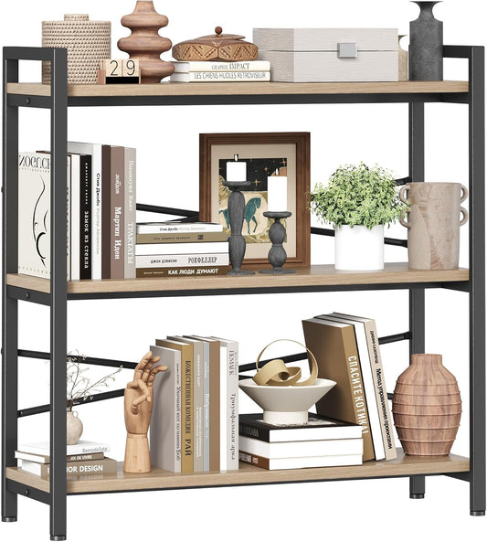 Book Shelf, 3 Tier Bookshelf 31.49" Width, Book Shelf Storage and Organization, Wooden and Metal Industrial Bookcase, Large Book Shelves for Home Living Room Bedroom Office Storage(Light Coffee)