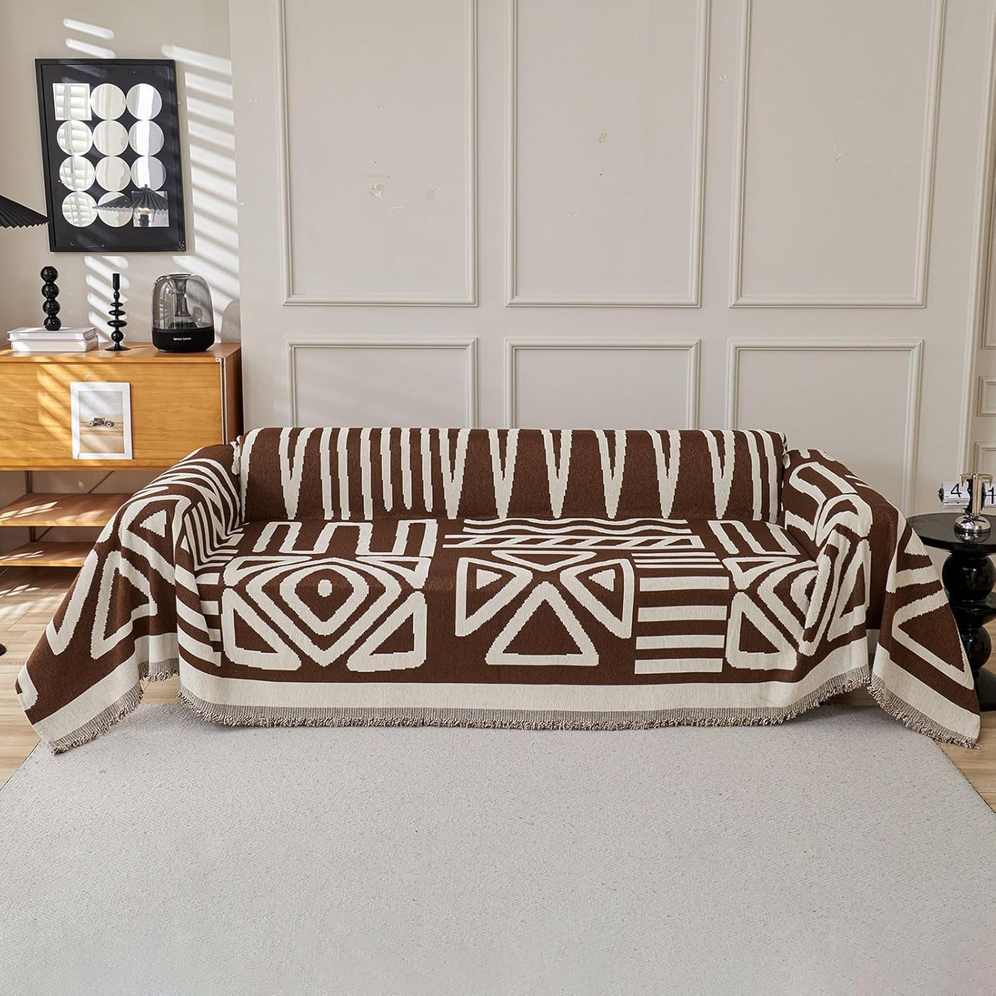 STACYPIK Reversible Boho Chocolate Sofa Cover Durable Couch Cover for 1 Cushion Couch Sofa Cover for Dogs Non Slip Jacquard Geometric Pet Armchair Cover with Tassels Sofa Protector Blanket-71X71IN