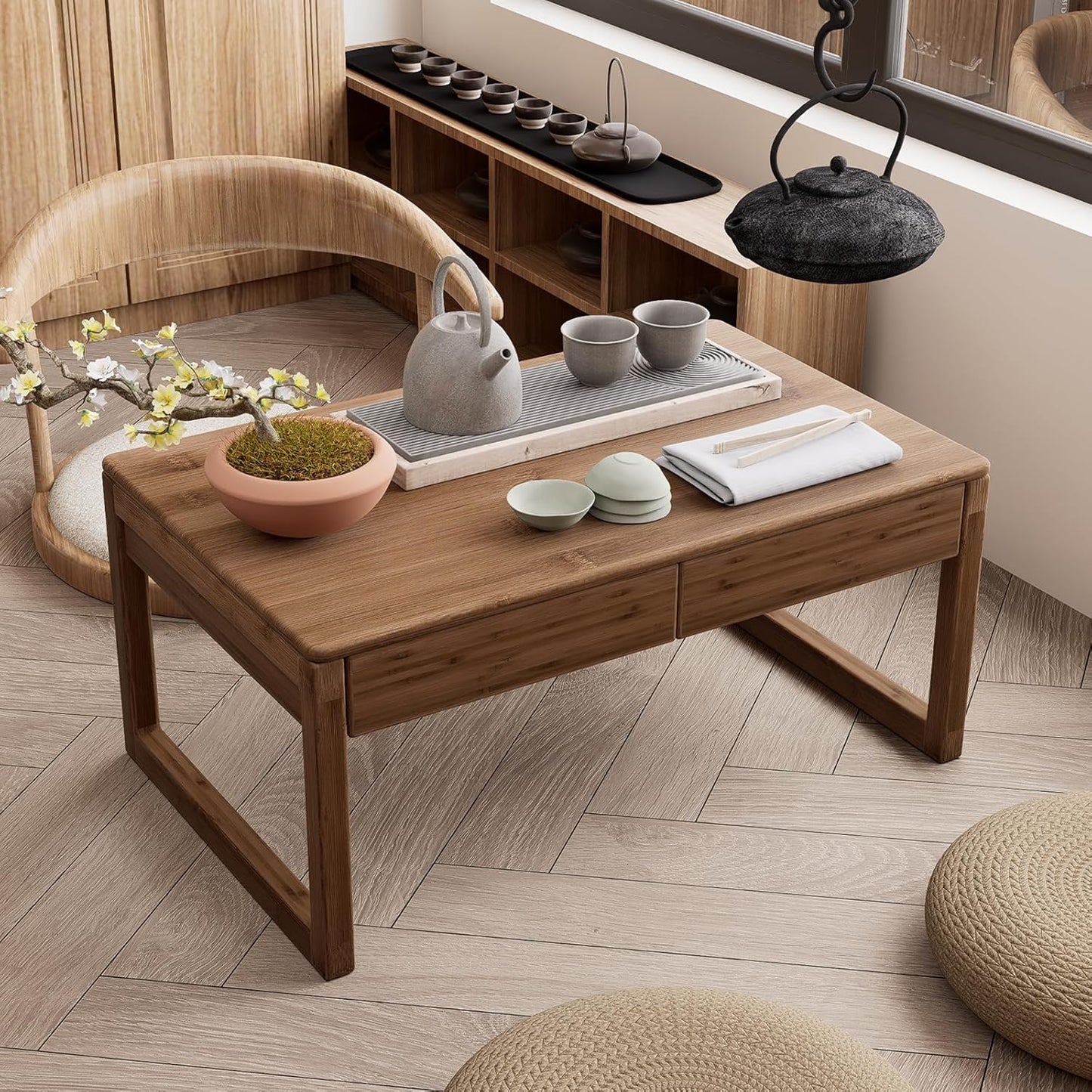 Japanese Floor Coffee Table,Bamboo Low Table,Japanese Tea Table for Sitting Tatami Meditation Living Room Home Office(Brown)