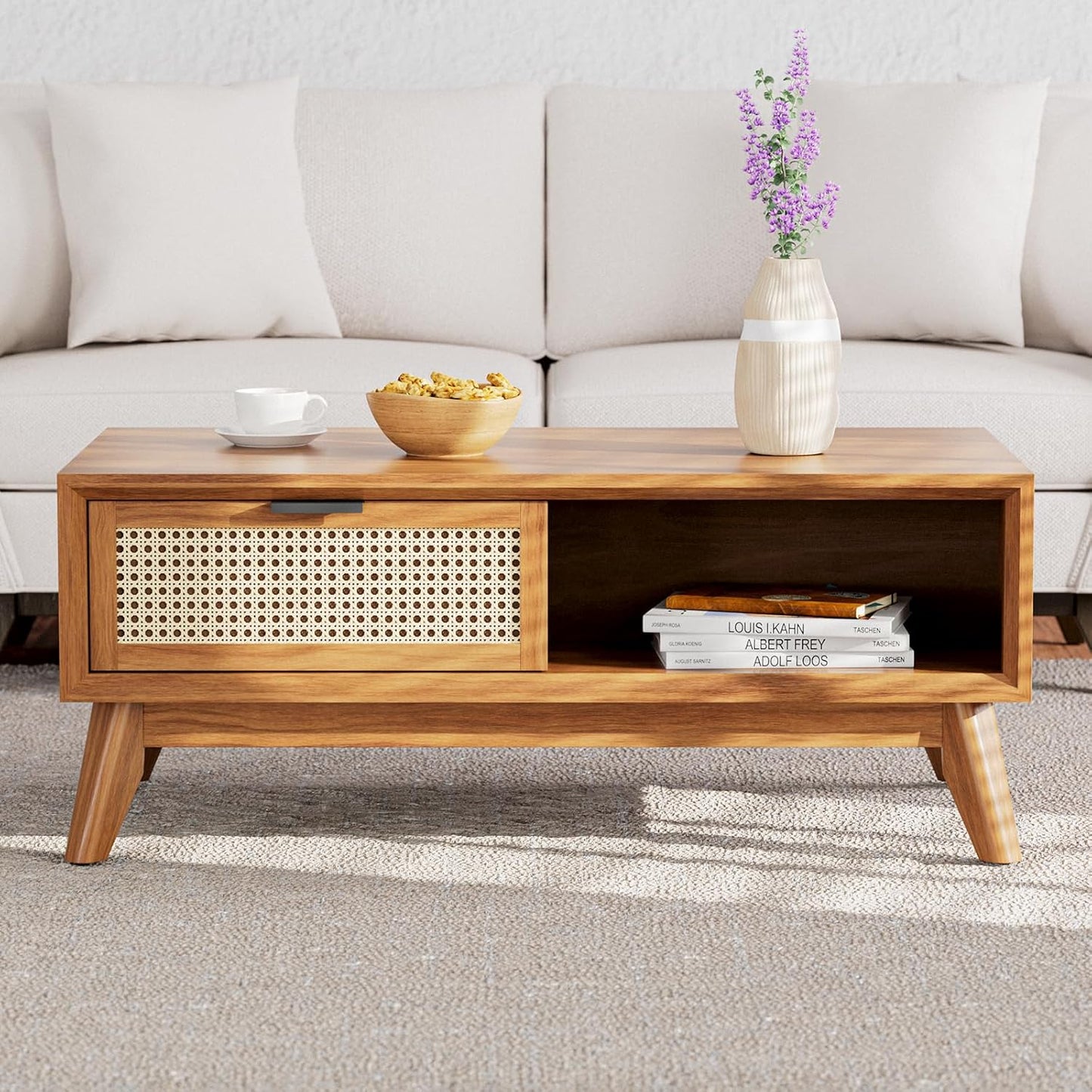 Bme Solid Wood Jasper Coffee Table with Storage, Accent Rattan Design, Good Choice for Living Room, Dark Chocolate