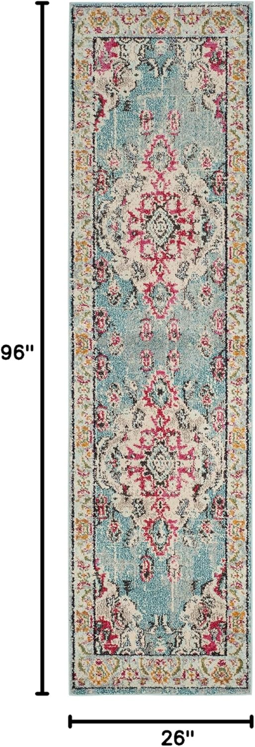 SAFAVIEH Monaco Collection Runner Rug - 2'2" x 8', Light Blue & Fuchsia, Boho Chic Medallion Distressed Design, Non-Shedding & Easy Care, Ideal for High Traffic Areas in Living Room, Bedroom (MNC243J)