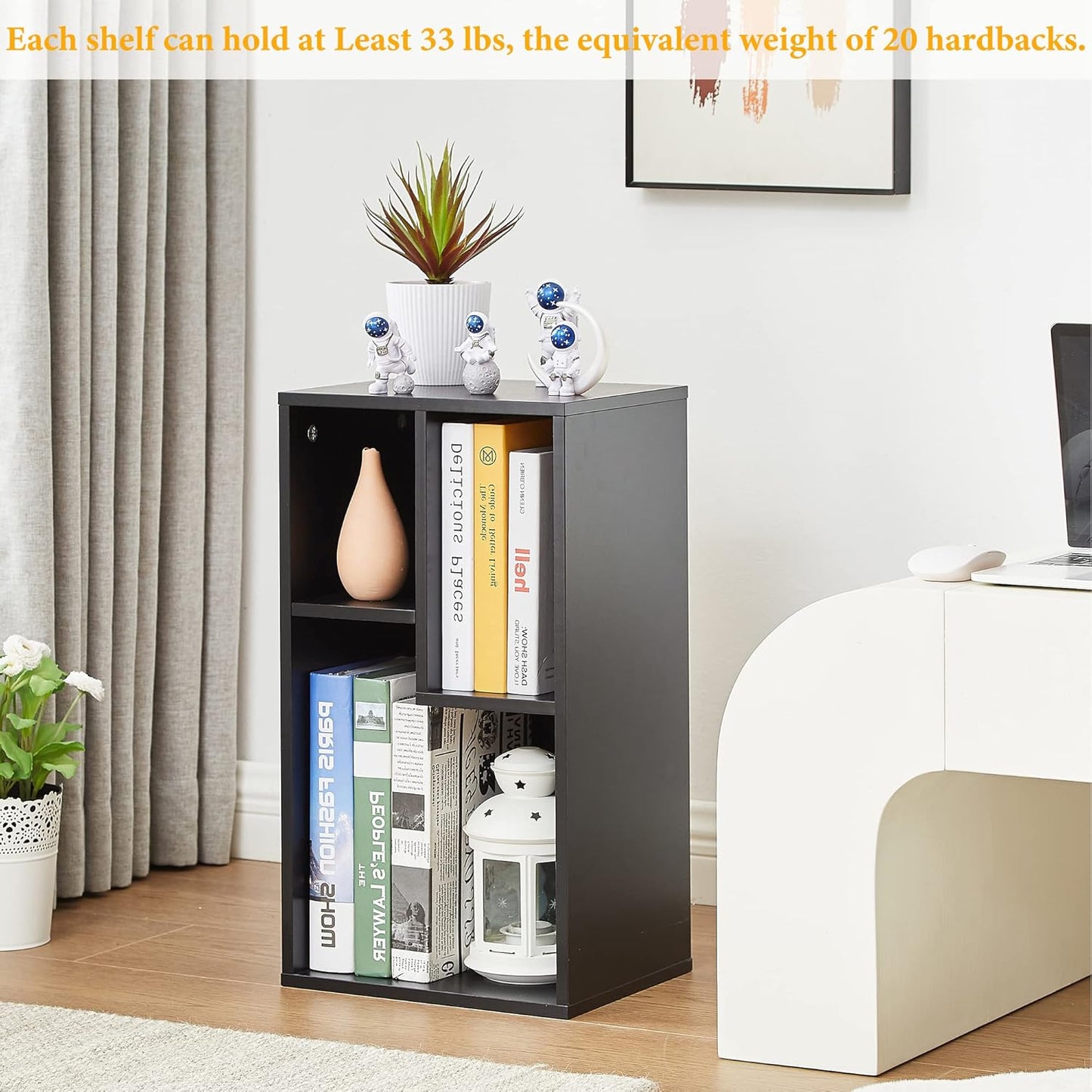 VECELO 3 Cube Small Bookcase, Fits Tallest Hardcovers, Horizontal Available, 2-Tier Modern Bookshelf, Storage Organizer for Small Spaces, Kids Room, Bedroom Living Room, Black