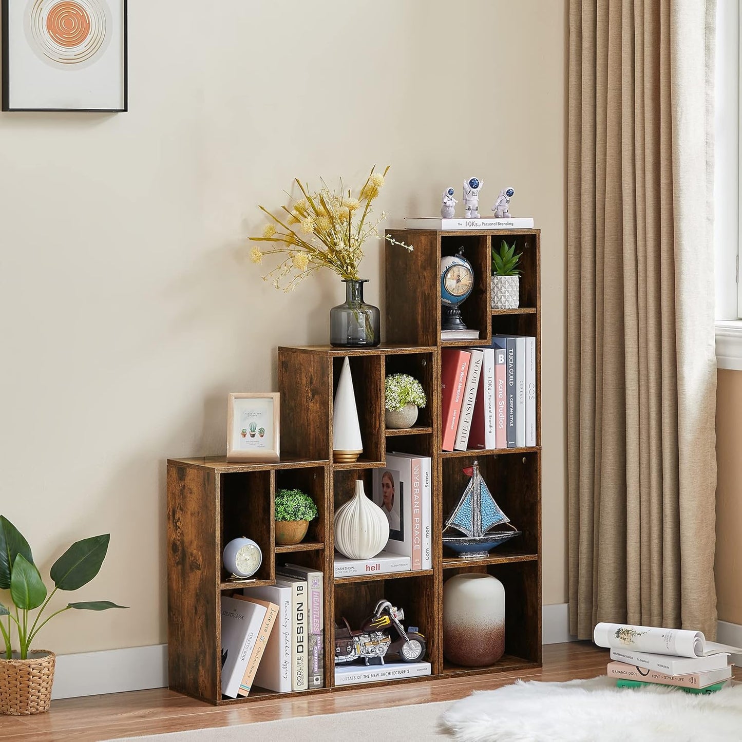 VECELO Small Bookshelf, 3 Cube Shelf, Fits Tallest Hardcovers, Horizontal Available, Modern Storage Organzier for Small Spaces, Vintage Brown