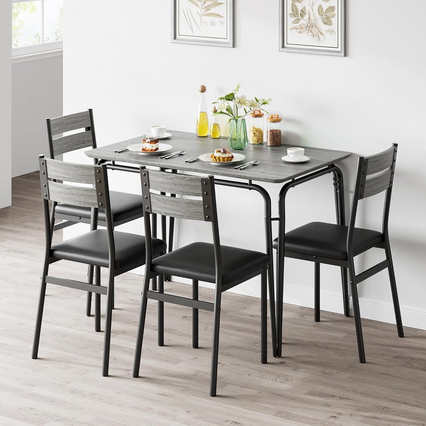 5 Piece Dining Table Set for 4, Compact Square Table Chairs, Sturdy MDF Top, Metal Frame, Space-Saving Breakfast Set for Kitchen, Apartment, Office, Easy Assembly Wipe-Clean