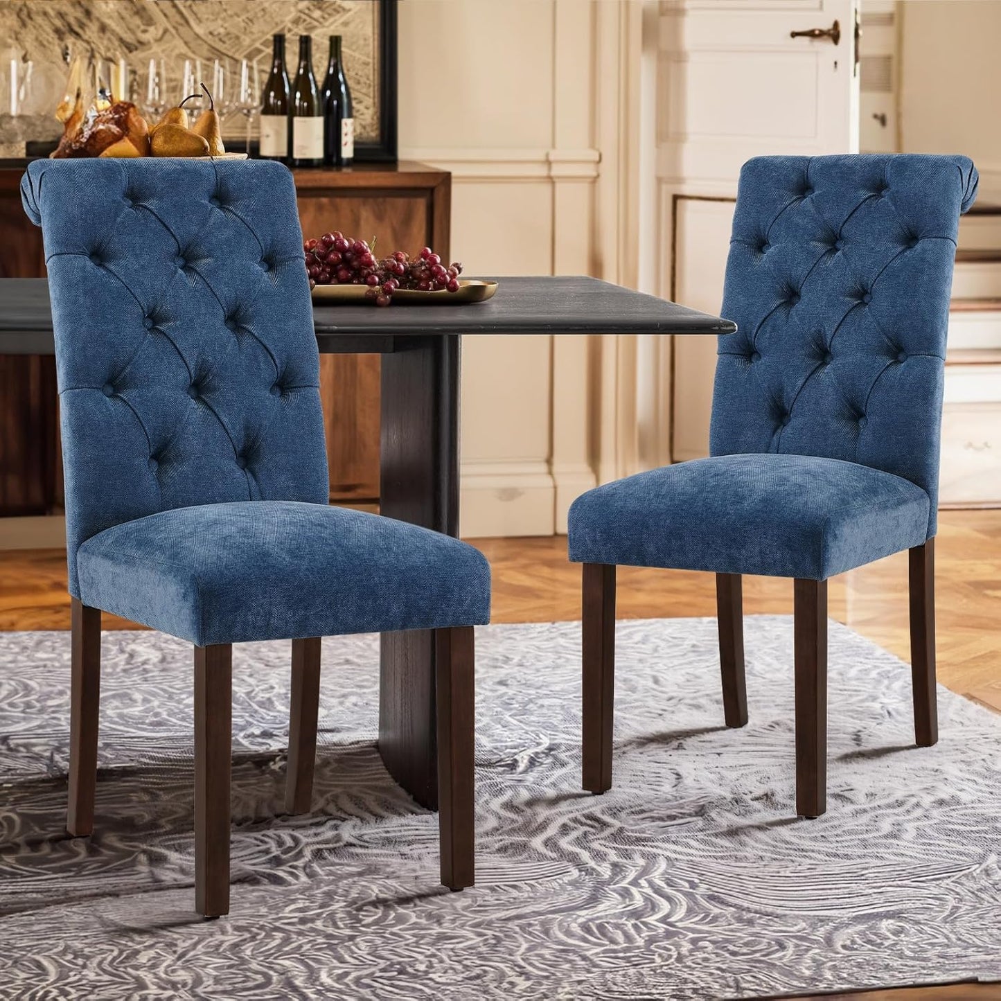COLAMY Button Tufted Dining Chairs Set of 6, Parsons Upholstered Fabric Dining Room Chair Kitchen Chairs with Wood Legs and Padded Seat, Blue