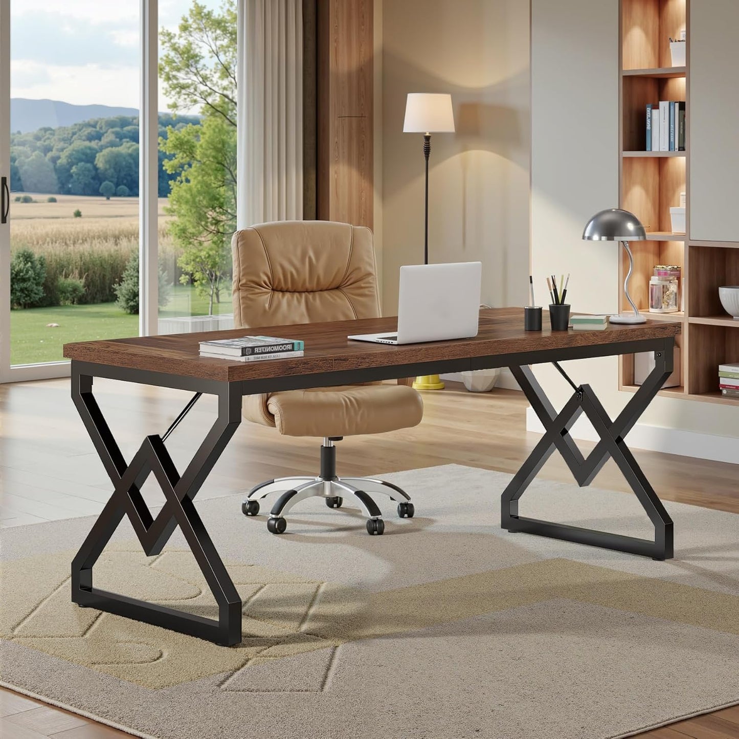 Tribesigns 63-inch Executive Desk, Large Office Computer Desk with Extra Thick Wooden Tabletop and Metal Frame, Modern Simple Workstation Writing Table Study Desk for Home Office, Vintage Brown