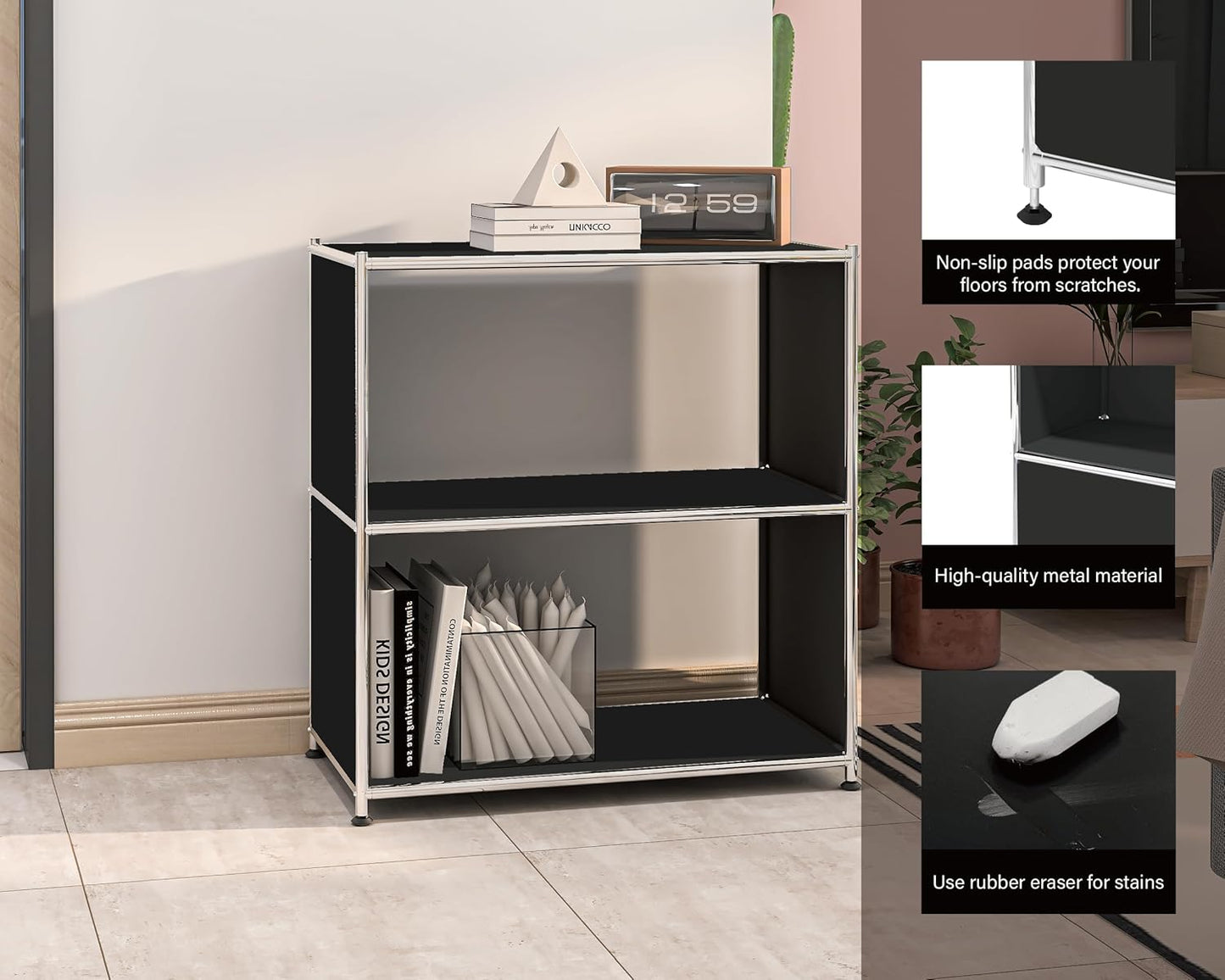 32-Inch 2-Tier Metal Bookcase, Open Shelf Storage Organizer for Living Room, Bedroom, Side Table or Nightstand Use, Modern DIY Assembly, Black