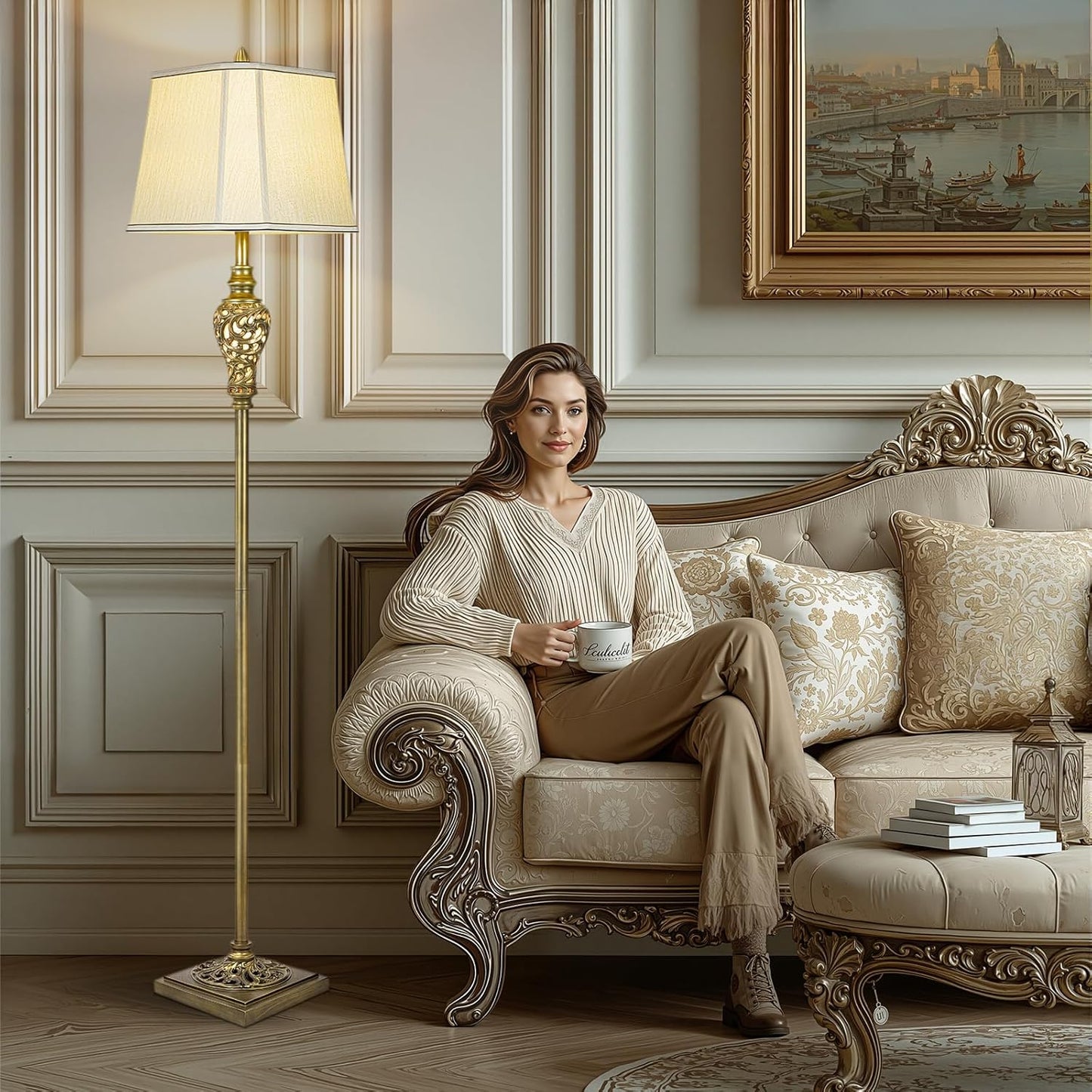 Vintage Floor Lamp for Living Room, 65" Tall Lamp with Nightlight and Beige Faux Silk Shade, Farmhouse Standing Lamp for Bedroom, Office Corner, or Study, Elegant Rustic Home Decor (LED Bulb Included)