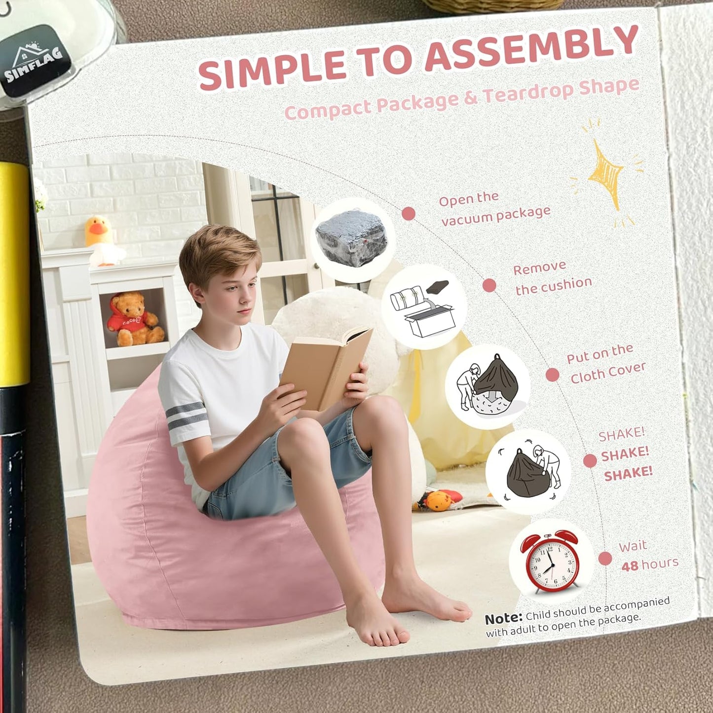 2FT Bean Bag Chair, Comfy Bean Bag Chairs with Memory Foam Filled, Fluffy Beanbag Sofa with Dutch Velvet Cover, Teardrop BeanBag Chairs for Living Room, Playroom - Light Pink