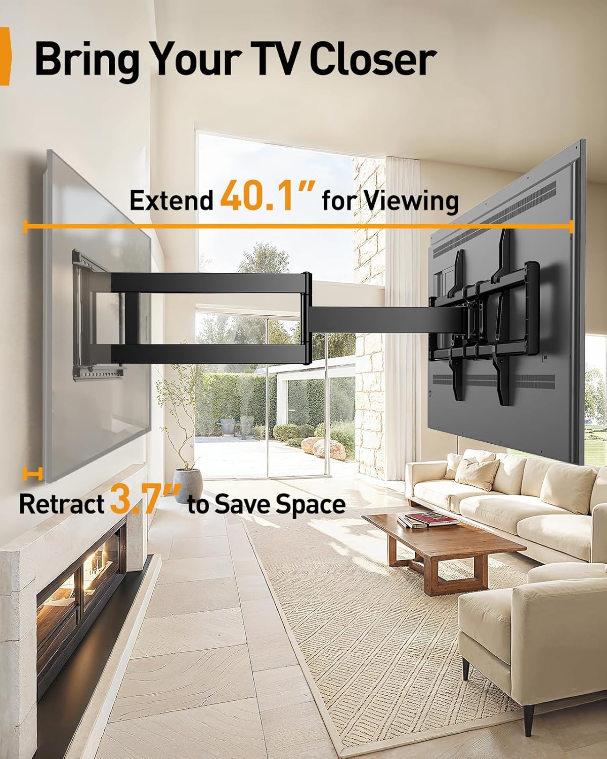 Perlegear Long Arm Full Motion TV Wall Mount for 42–90 Inch TVs up to 150 lbs, 40″ Long Extension, Pre-Assembled Corner TV Mount with Full Swivel, Tilt, Fits 8″/12″/16″/24″ Studs, Max VESA 800x400mm