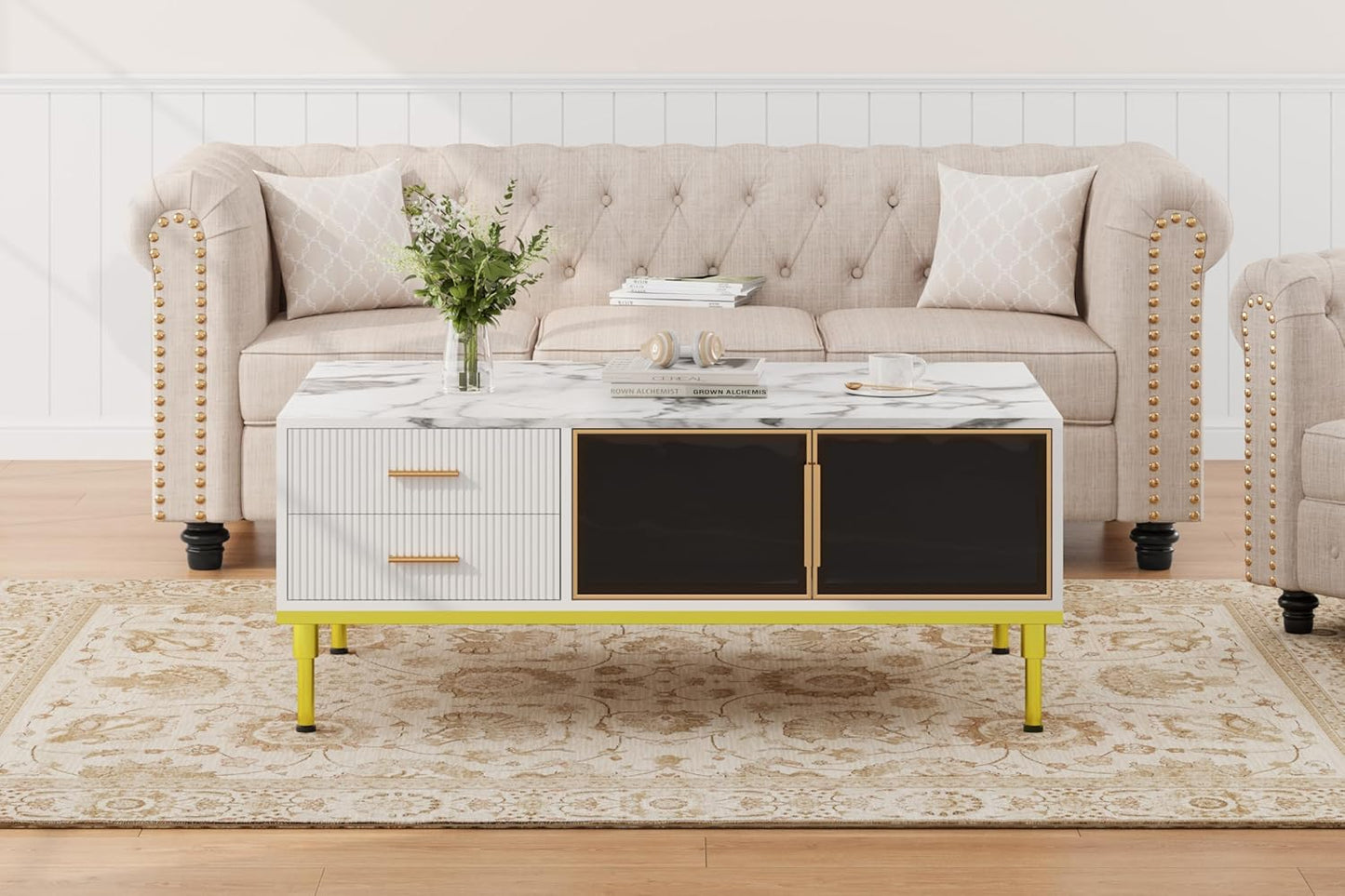 GAOMON Coffee Table for Living Room, Faux Marble Coffee Table with 4 Drawers and Glass Doors Storage, Modern Aesthetic Fluted Panel Design, White & Gold