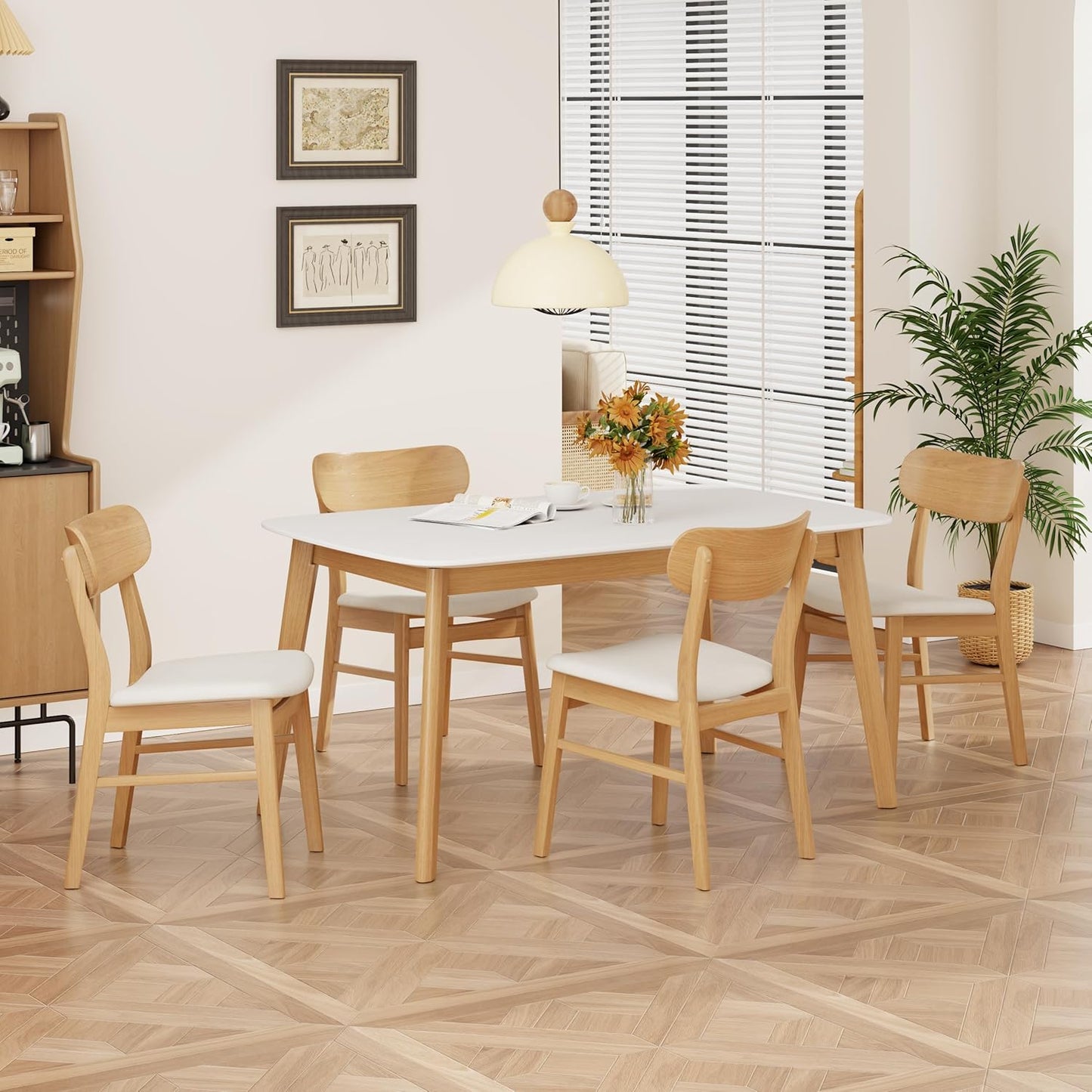 Merax 5-Piece Dining Set, Solild Wood Table & Chairs with Backrests for 4, Farmhouse Natural Kitchen Furniture for Home, Dining Room, Natural Oak+Beige