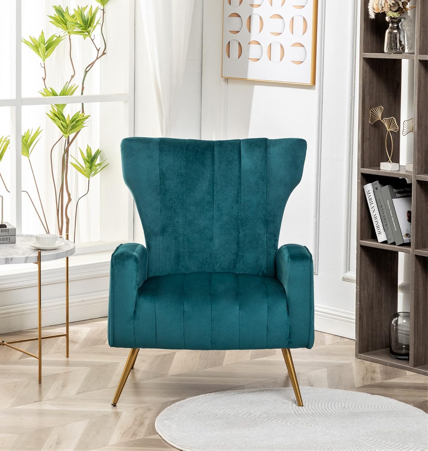 Container Furniture Direct Modern Velvet Accent Chair, Channel Tufted Bedroom, Office or Living Room Furniture with Elegant Metal Legs, 26" Wide Armchair, Blueish Green