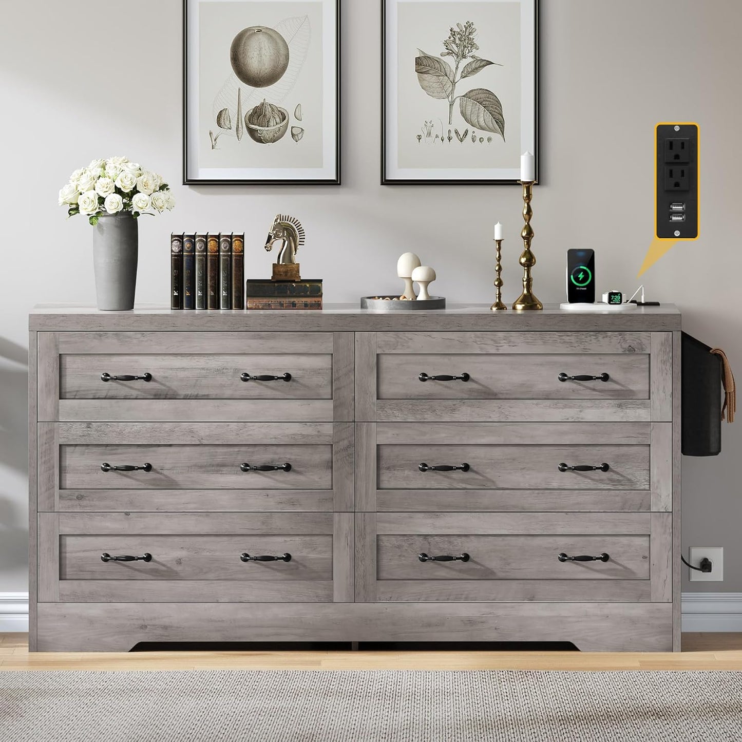 YITAHOME 6 Drawers TV Stand for 65 inches with Power Outlets -Chest of Drawers Dresser with Side Organizer Bag Entertainment Center TV Console, Grey