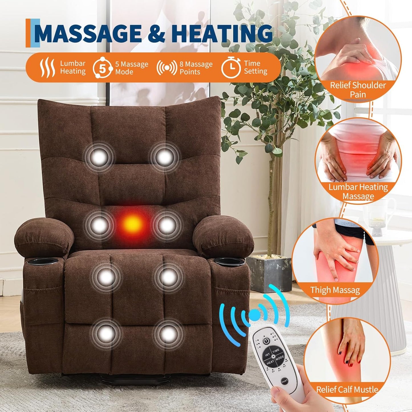GarveeHome Power Lift Recliner Chair for Elderly with Massage and Heat, Oversized Electric Massage & Heat Recliner with Soft Padded Upholstery, Side Pocket & Cup Holders for Living Room, Brown