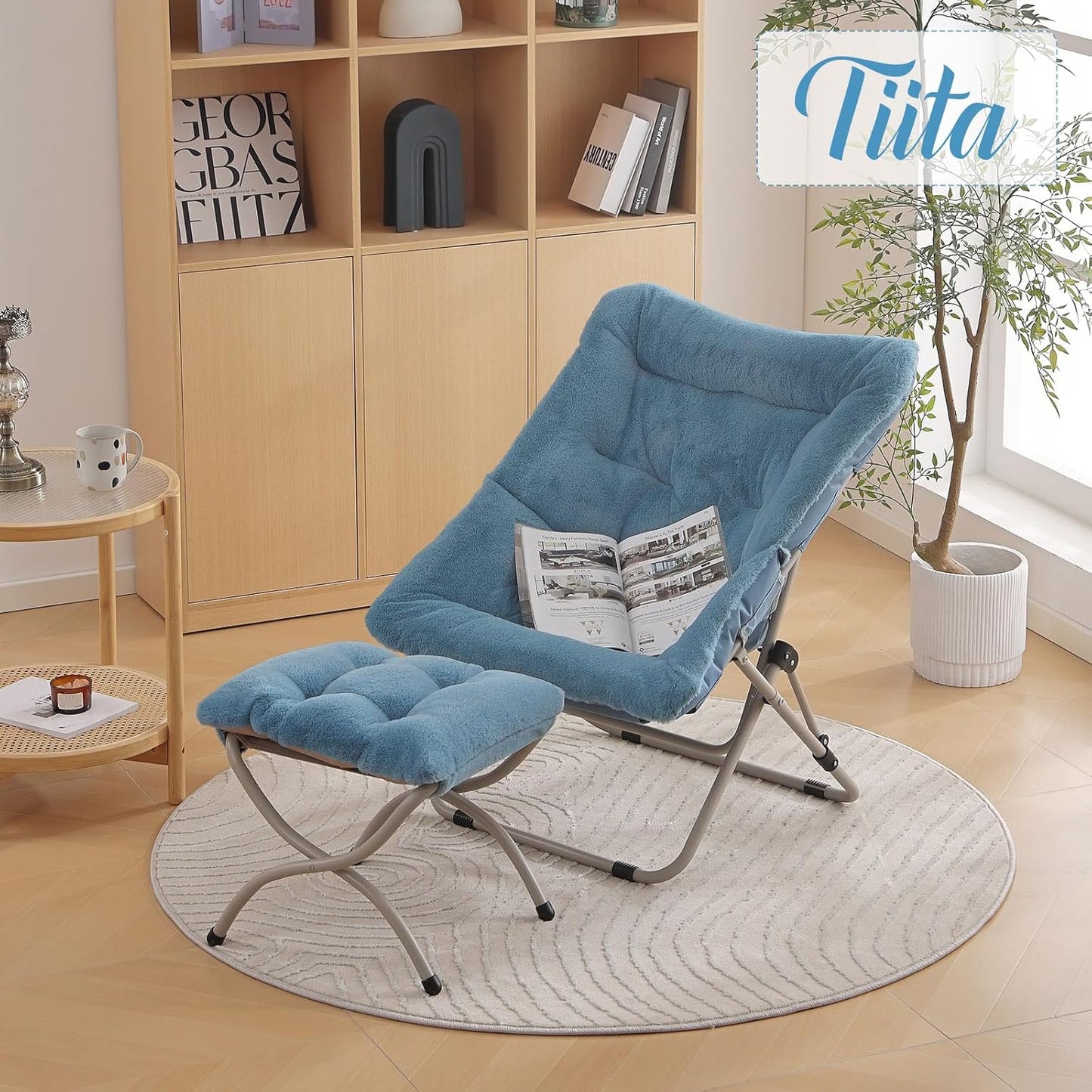 Tiita Folded Chair with Ottoman, Soft Faux Fur Oversized Folding Accent Chair,Lounge Lazy Chair, Metal Frame Moon Chair for Bedroom, Living Room, Dorm Rooms, Garden and Courtyard
