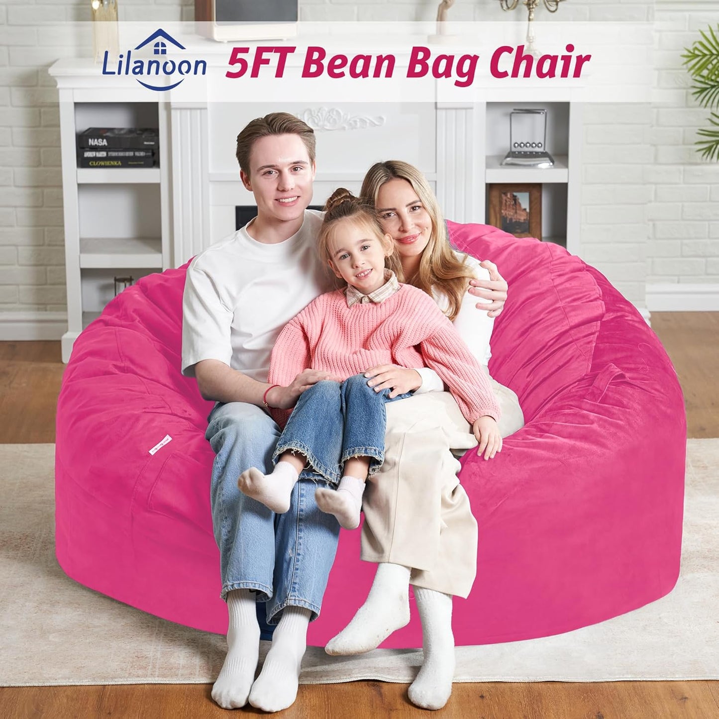 5FT Bean Bag Chair with Ultra Soft Velvet Cover Bean Bag Sofa with Memory Foam Bean Bag Chairs with Large Size Lazy Sofa for Dorm Office Living Room Bedroom Hot Pink 5'