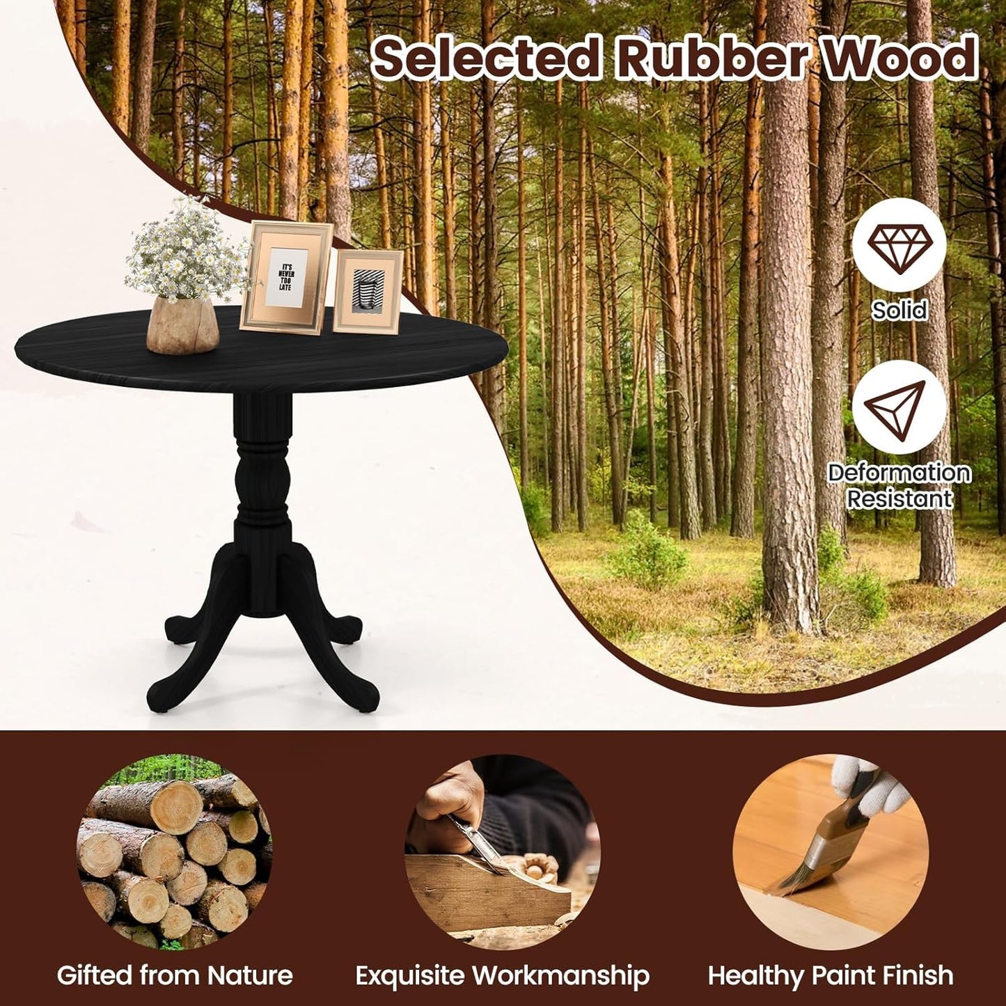 COSTWAY Round Dining Table for 4, 39 inch Kitchen Table with Solid Rubber Wood Frame, Adjustable Foot Pads, Curved Trestle Legs, Mid Century Rustic Dinning Table for Living Room, Black