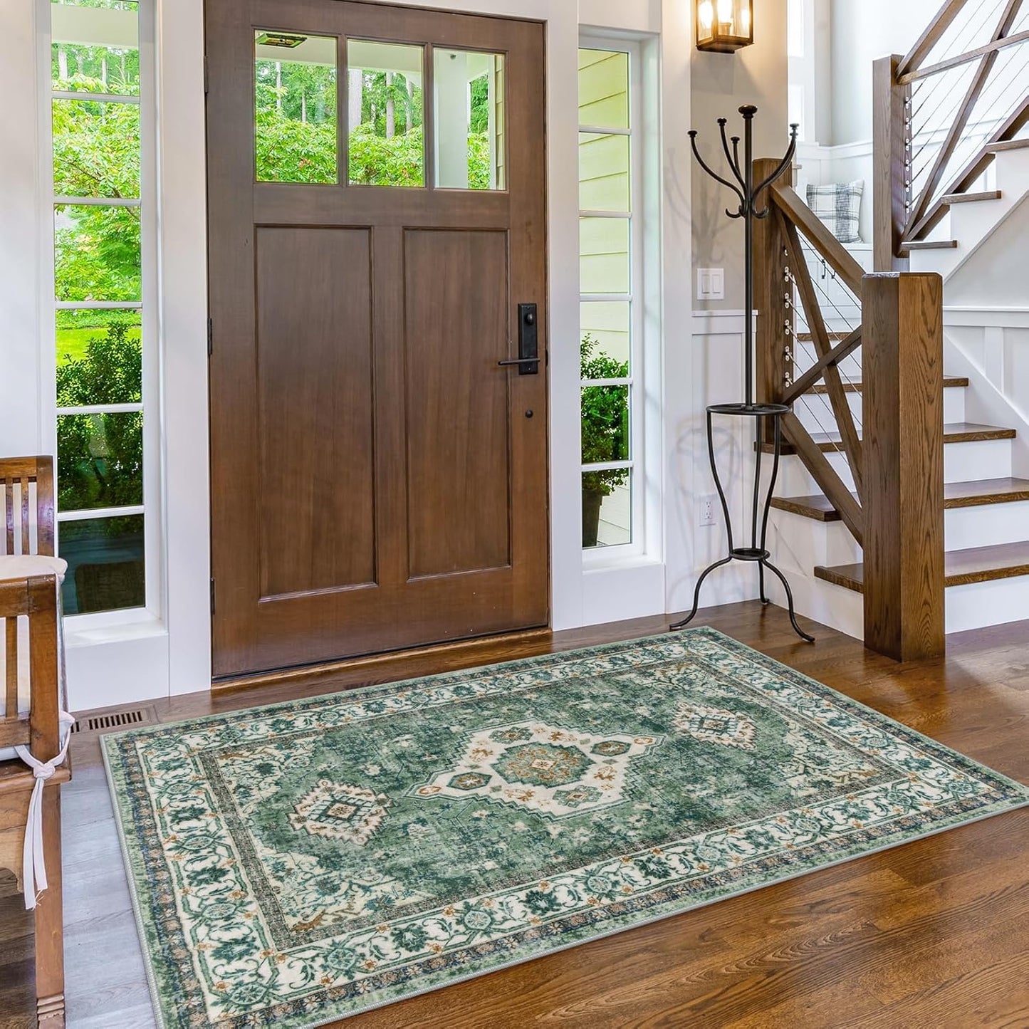 Lahome Oriental Machine Washable Rug, 3x5 Soft Green Rugs for Entryway Dorm, Non Slip Distressed Vintage Throw Carpet for Bedroom Living Room Entrance, Green/Multi