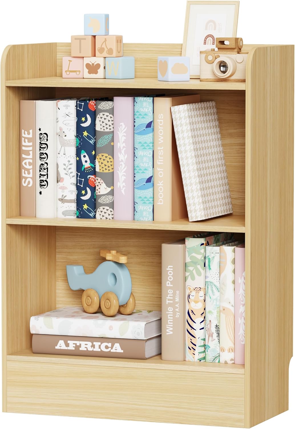 Lkeiyay Kids Bookshelf and Toy Storage Organizer, 3-Tier Wood Montessori Shelf for Bedroom, Playroom, Nursery, Classroom (Natural)