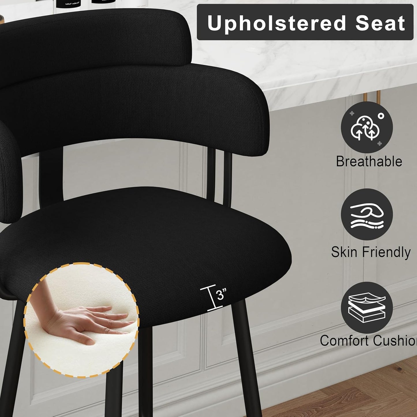 Swivel Bar Stools Set of 2, Counter Height Bar Stools with Ergonomic Full Back, Upholstered Linen Fabric Barstools with Chrome Metal Footrest for Kitchen Island, Dining Room