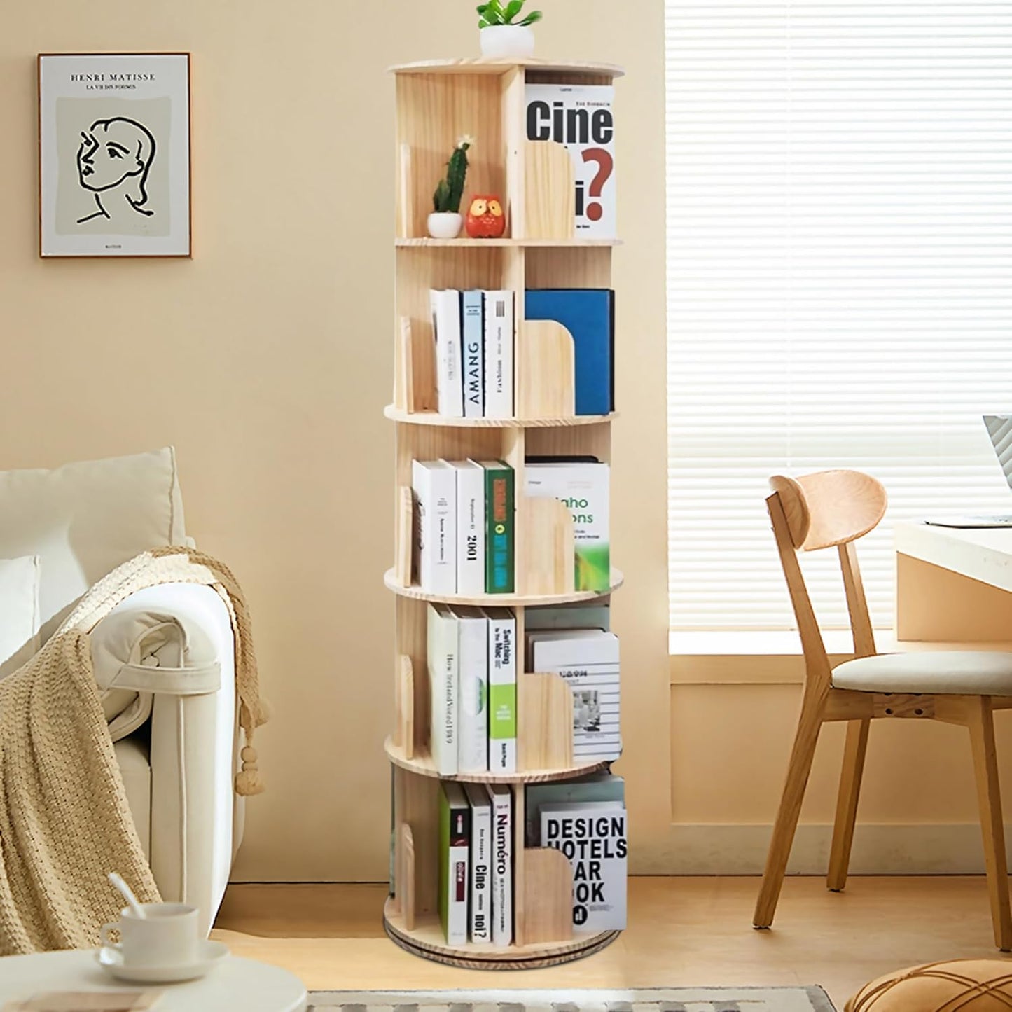 5 Tier Rotating Bookshelf Tower 360 Display Spinning Bookshelf Tower Floor Standing Bookcase Storage Rack Revolving Bookcase Wood Narrow Round Book Shelf Rotating Storage Organizer for Bedroom