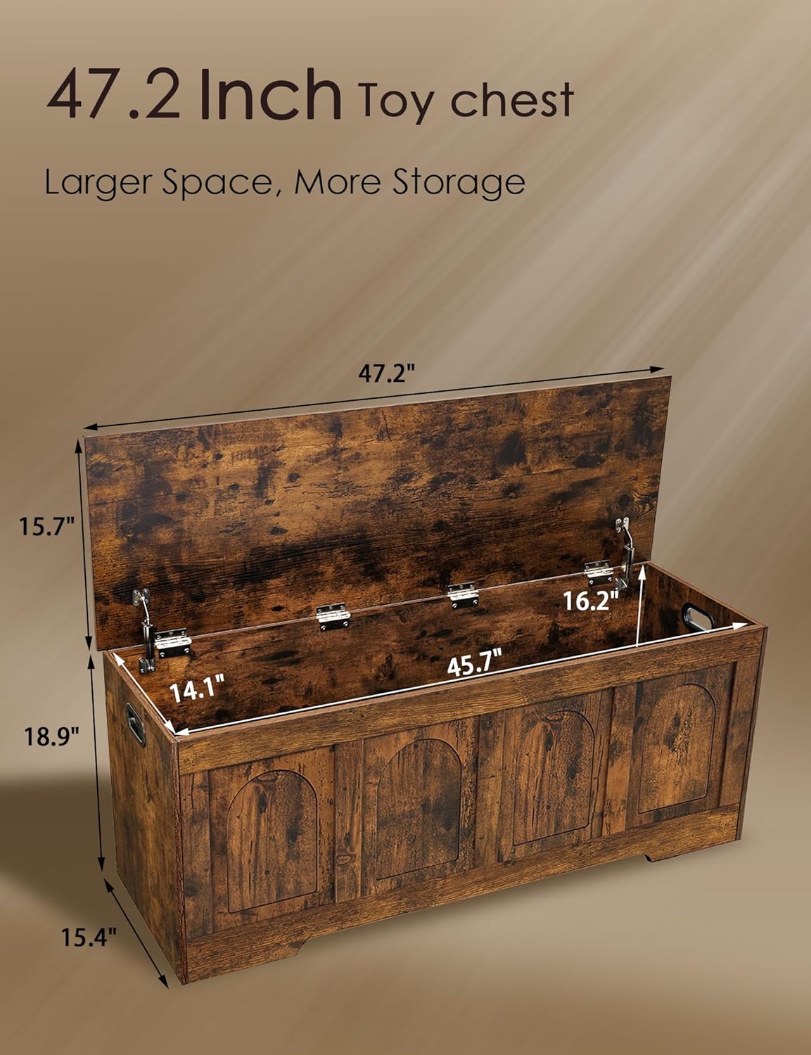 DINZI LVJ Storage Chest, 47.2”Wooden Storage Box with 2 Safety Hinges, Entryway Shoe Bench with Flip-Top, Large Trunk for Living Room, Bedroom, Easy Assembly, Rustic Brown