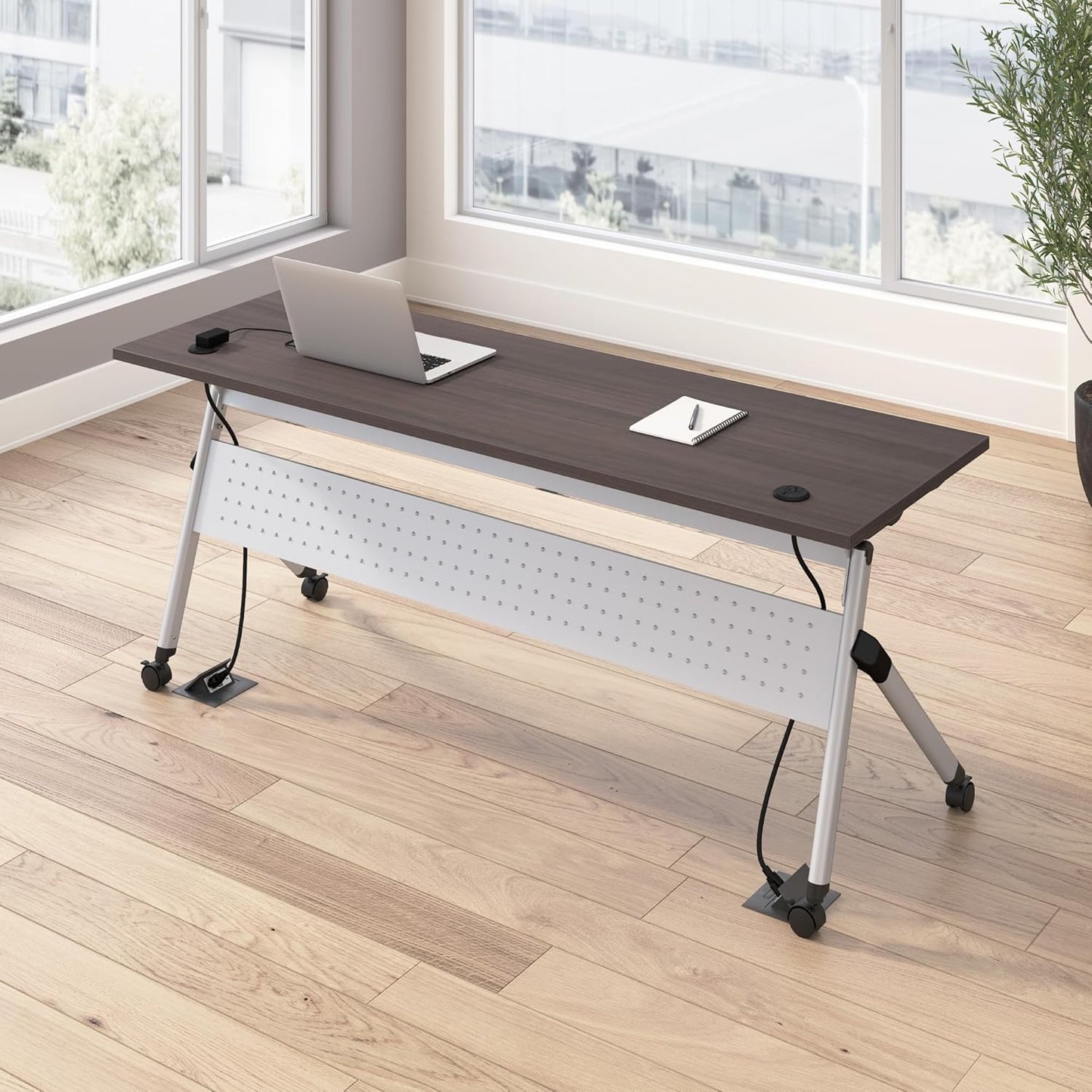 Bush Business Furniture Folding Training Table, 72 inch Desk with Powered Grommets, Commercial-Grade Bundle for Office or Classroom, Envision Collection, Gray