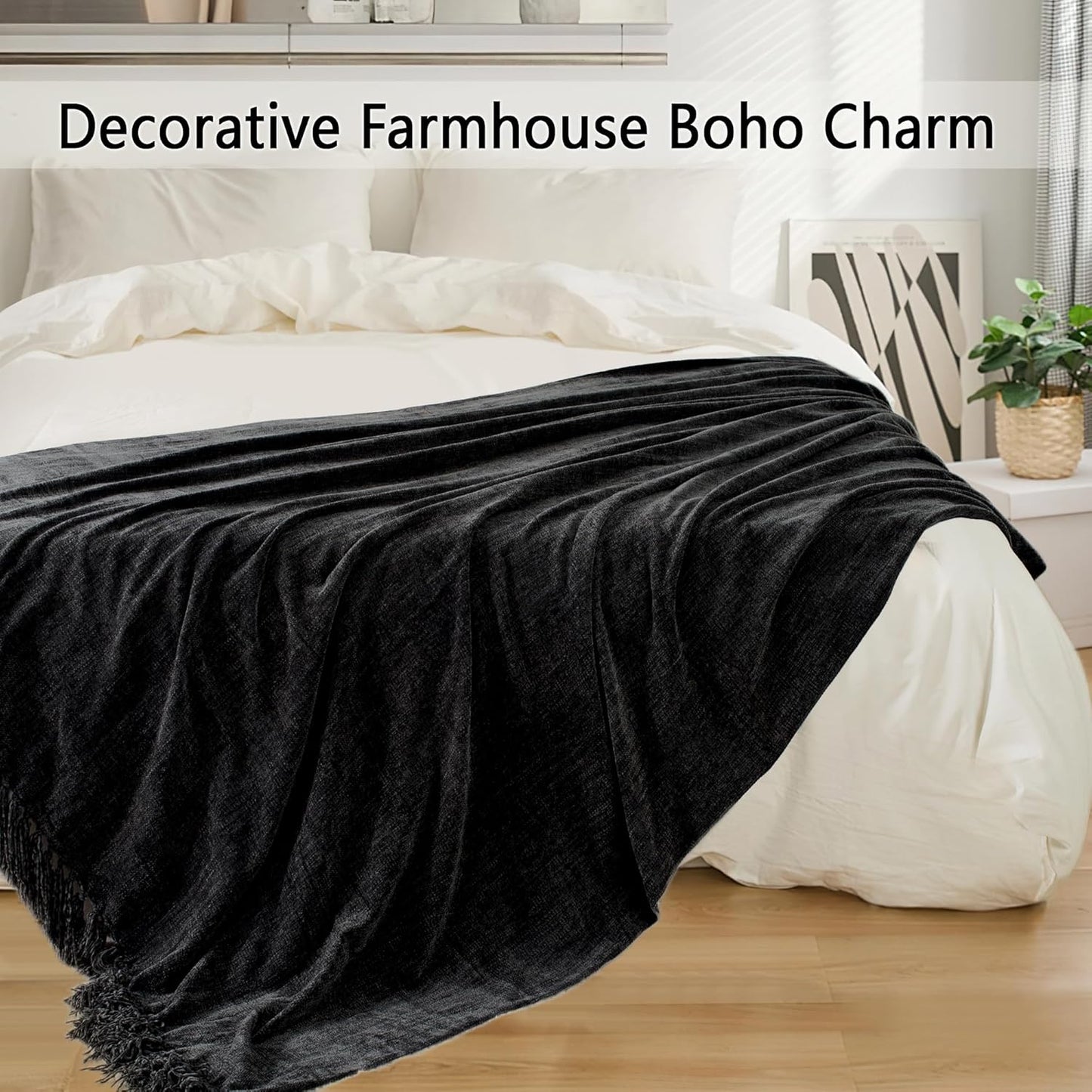 Chenille Throw Blanket for Couch 50"X 60", Soft Cozy Throws with Fringe Tassel for Bed Sofa Chair Cover, Lightweight Knitted Decorative Boho Blankets for Living Room, Black