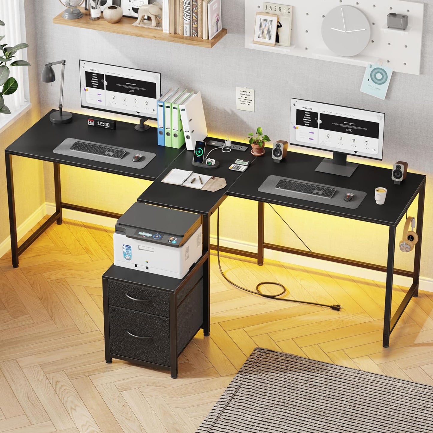 T-Shaped 2 Person Desk with Power Outlet, Long Two Person Gaming Table with LED & Fabric Drawers, 81.2'' Computer Desks with File Cabinet, Double Workstation for Home Office, Black