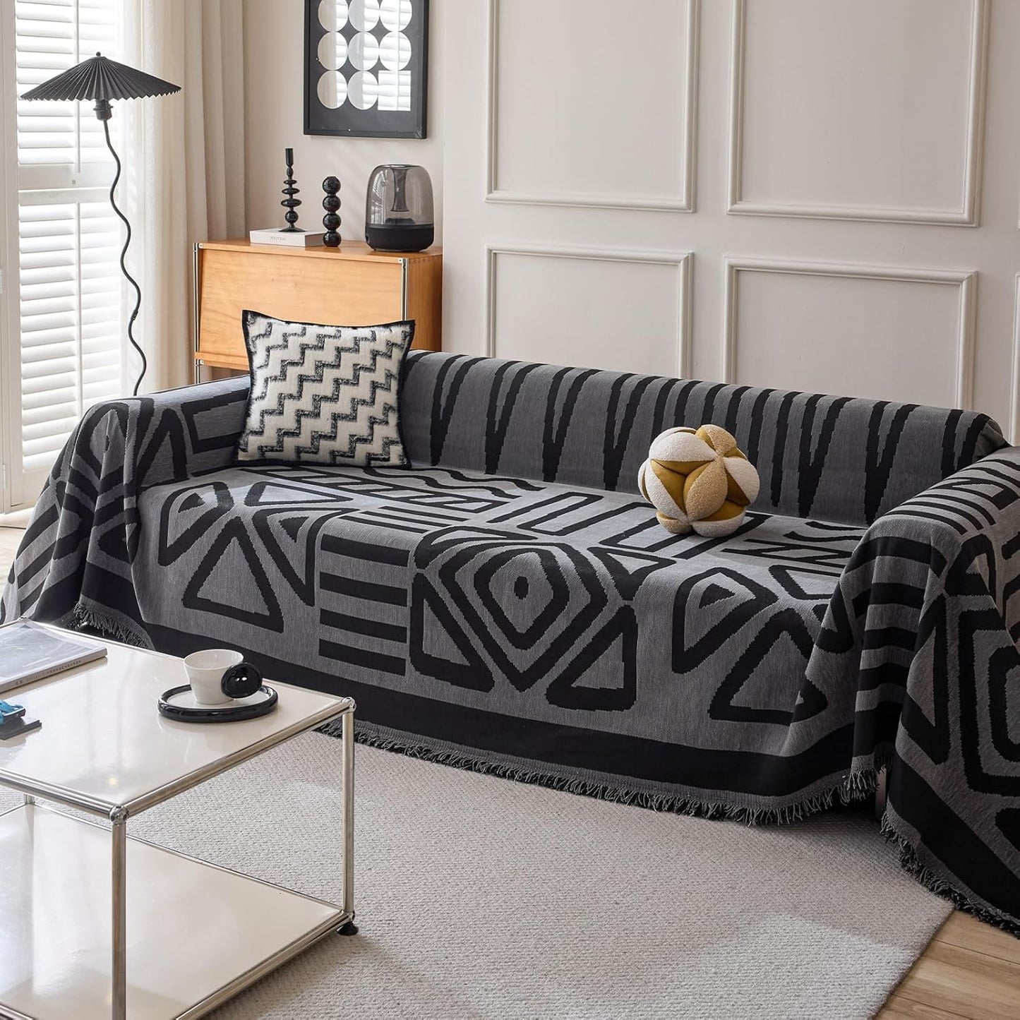 HANDONTIME Boho Geometric Couch Covers for Sofa Pet Friendly Dark Grey and Black Sofa Covers Washable Chenille Couch Blanket Cover for 3 Cushion Couches Pet Protector Furniture Cover Soft, 71" X 150"