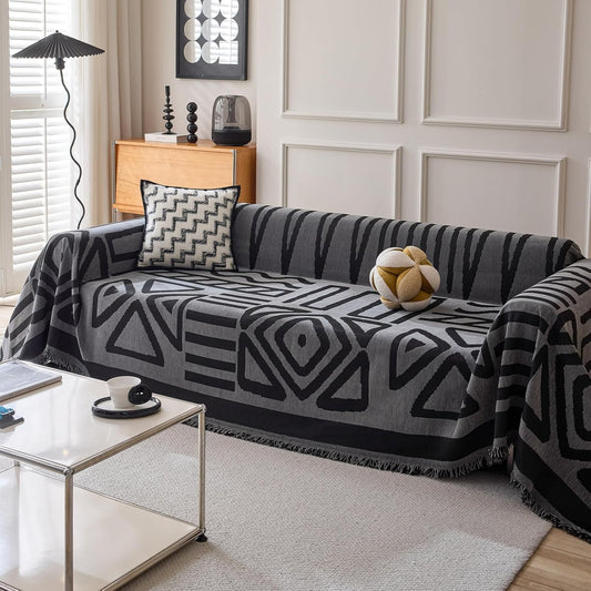 HANDONTIME Boho Geometric Couch Covers for Sofa Pet Friendly Dark Grey and Black Sofa Covers Washable Chenille Couch Blanket Cover for 2 Cushion Couches Pet Protector Furniture Cover Soft, 71" X 102"