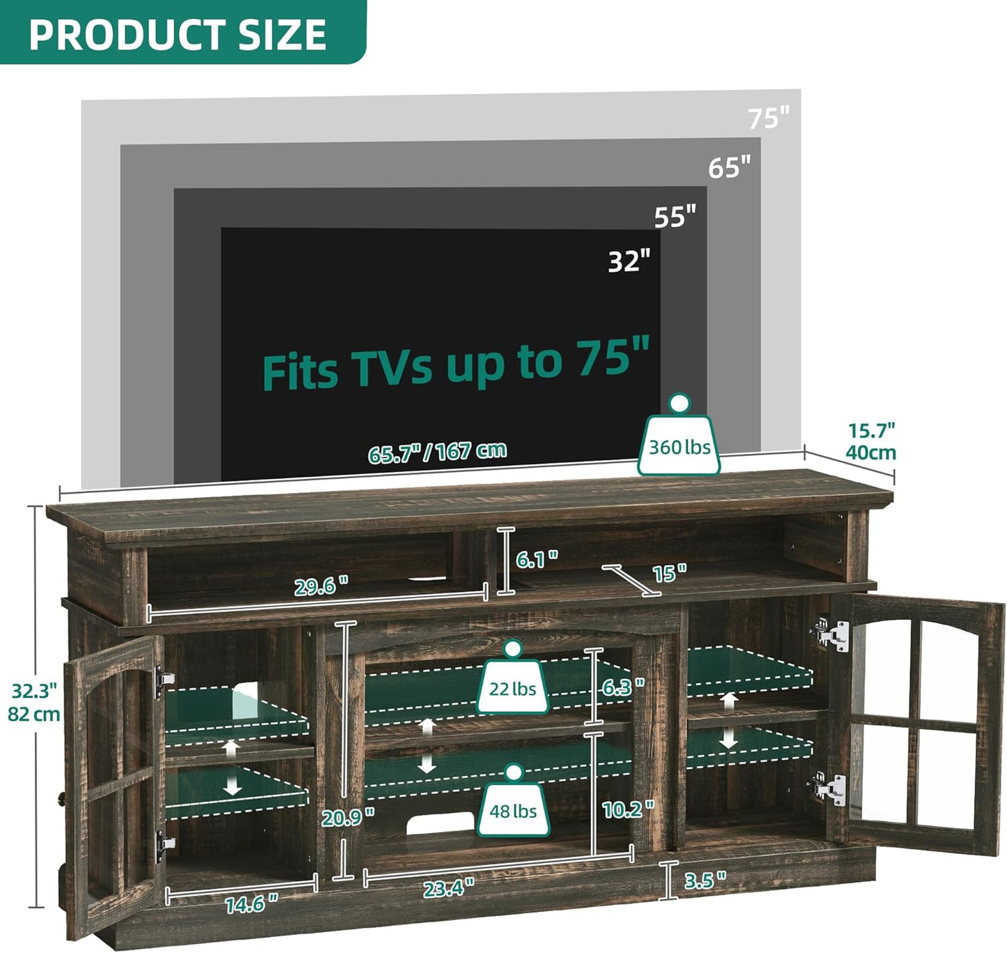 YITAHOME LED Farmhouse TV Stand for 75 Inch w/Outlets, Modern Entertainment Center with Glass Doors and Adjustable Storage Shelves, Media Console TV Cabinet for for Living Room, Dark Rustic Oak