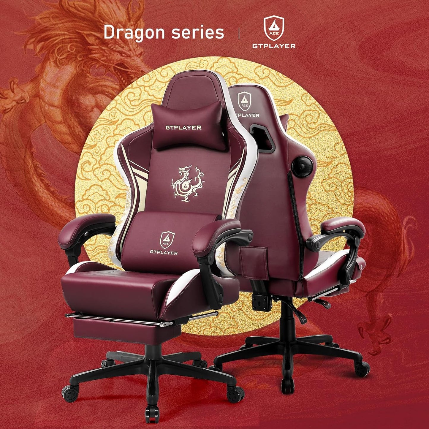 GTPLAYER Gaming Chair with Bluetooth Speakers and Footrest, Dragon Series Video Game Chair, Heavy Duty, Ergonomic, Esports Computer Office Chair, (RED)