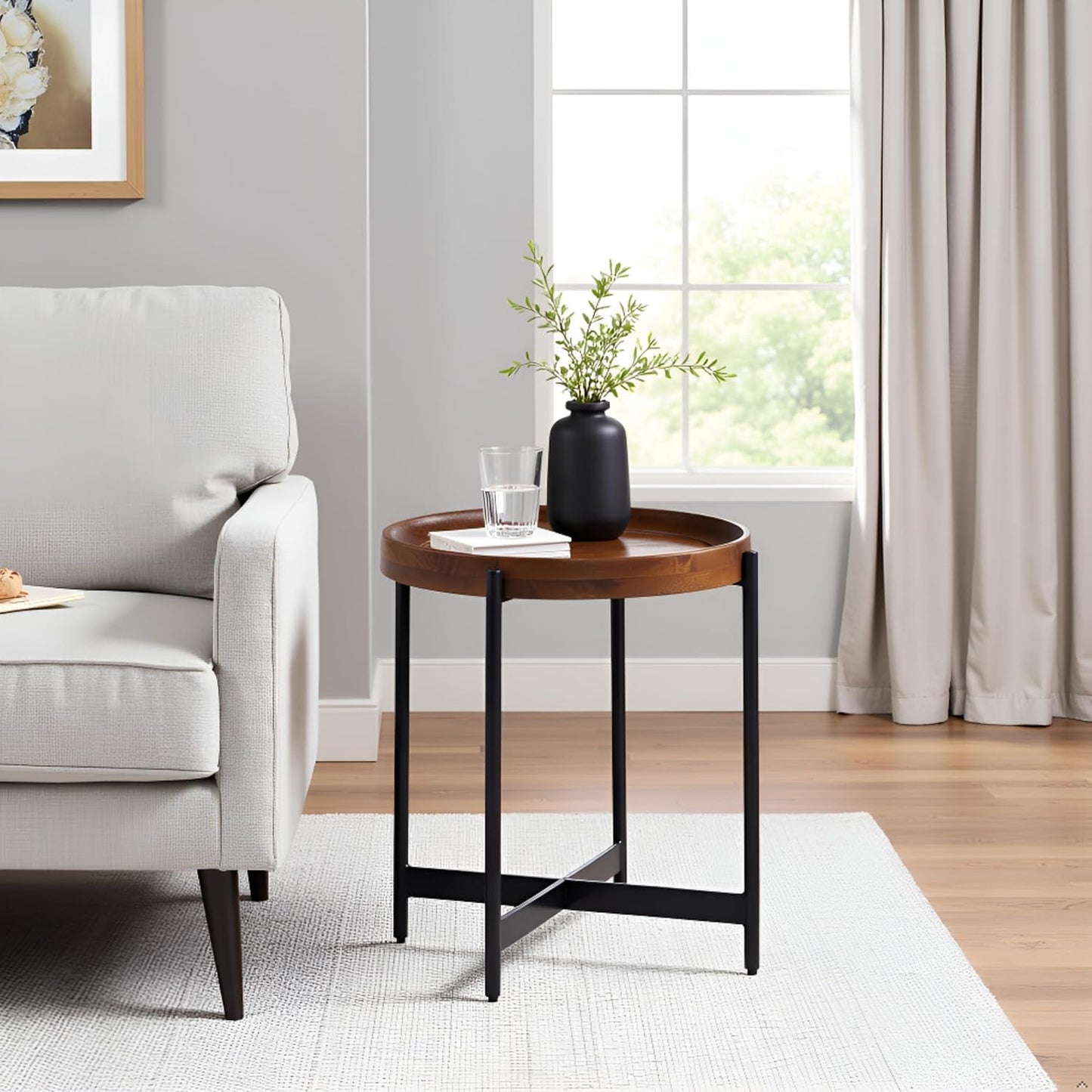 Alaterre Furniture Brookline 20" Round Wood End Table – Solid Top with Tray Edge and Black Metal Legs – Rustic Farmhouse Accent Table for Living Room, Bedroom, or Small Spaces (Medium Chestnut)