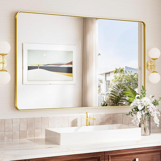 TokeShimi 48x30 Wall Mirror for Bathroom,Brushed Gold Bathroom Vanity Mirror Modern,Tempered Glass,Large Bathroom Mirror Rectangle,Metal Framed Bathroom Mirror(Horizontal/Vertical)