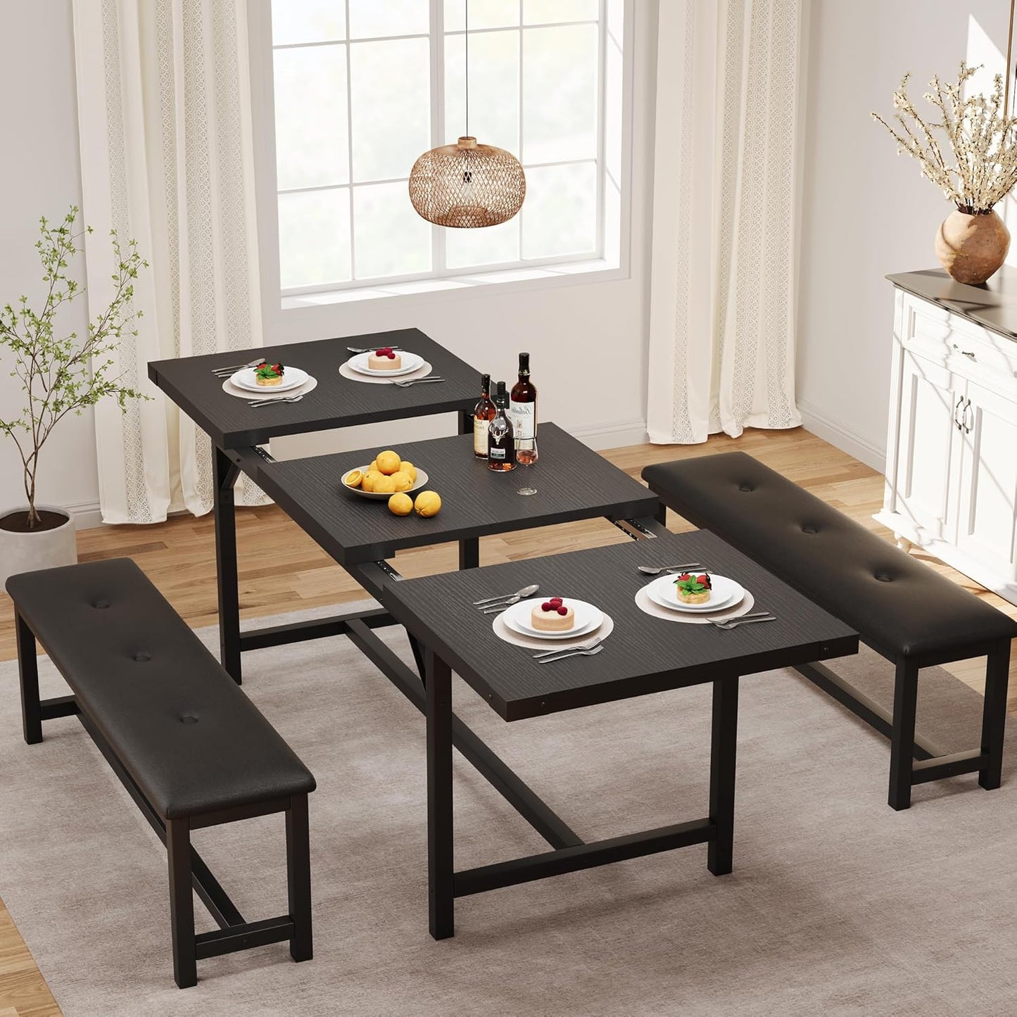 GarveeHome Dining Table Set for 4-6, 63" Extendable Wood Dining Room Table with Corner Protector & 2 Upholstered Benches, Kitchen Table Set for Apartment, Small Space, Easy Assembly, Retro Black