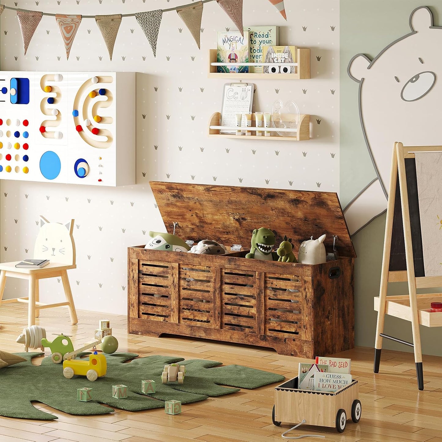 DINZI LVJ Storage Chest, 47.3” Wooden Toy Box with 2 Safety Hinges, Retro Entryway Shoe Storage Bench with Flip-Top, Sturdy Large Storage Trunk for Living Room, Bedroom, Easy Assembly, Rustic Brown