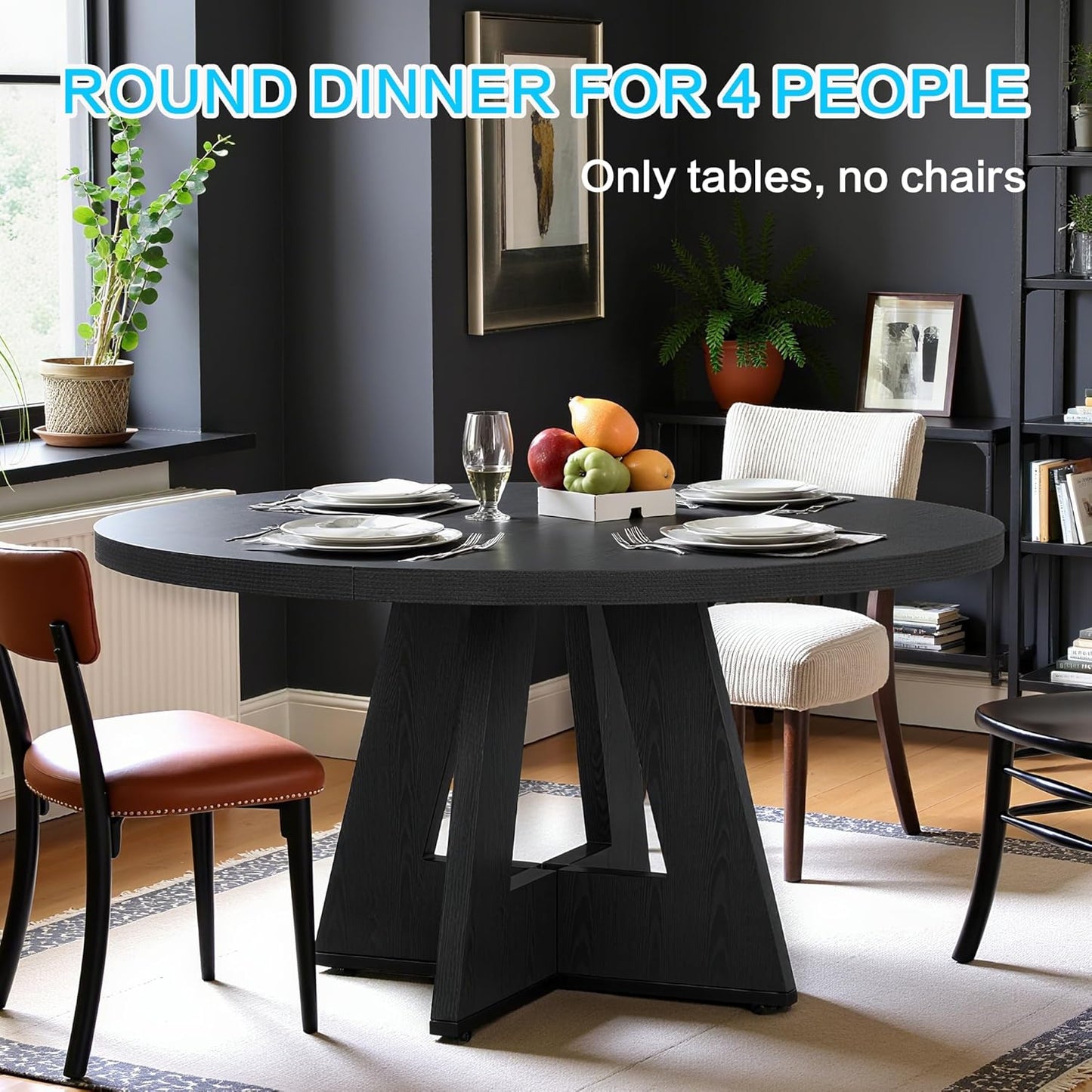 47" Round Dining Table for 4-6, Modern Dinner Table Farmhouse Round Small Kitchen Tables with Wooden Cross Base for Dining Room, Kitchen, Living Room, Black