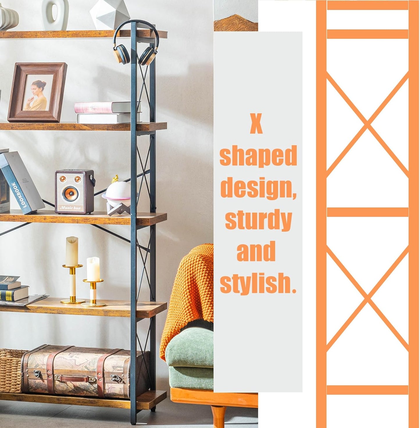 Bookshelf, 5 Tier Book Shelf, Industrial Tall Bookcase for Living Room, Home Office and Kitchen