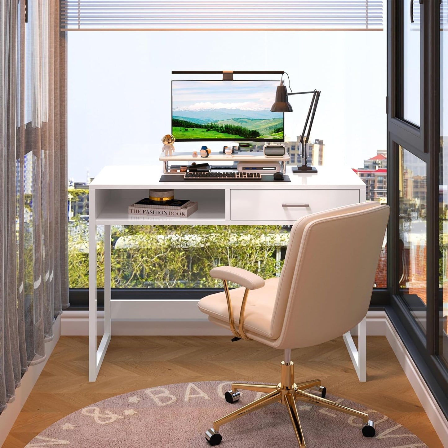 4NM 43.3" Computer Desk with Drawer, Morden White Home Office Desk, Study Writing Table with Storage for Small Spaces,Vanity Desk Makeup Table for Bedroom- White