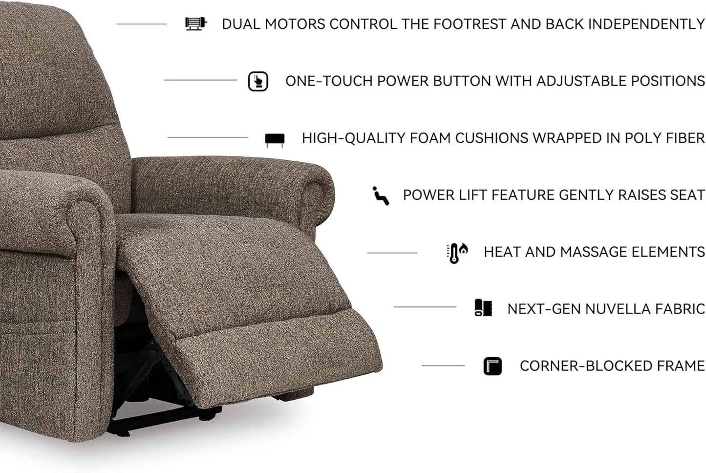 Signature Design by Ashley Aureta Classic Stain Resistant Power Lift Recliner with Side Pocket, Heat and Massage, Dark Brown