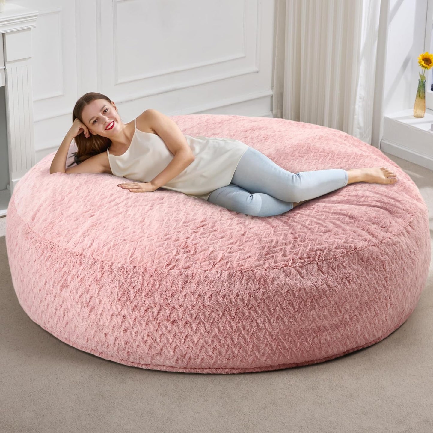 Hobestluk 6ft Bean Bag Chairs for Adults Large Beanbag Chair with Chevron Plush Fur Cover Big Bean Bag Chair for Living Room Bedroom Dorm Office - Pink (70" x 70" x 15")