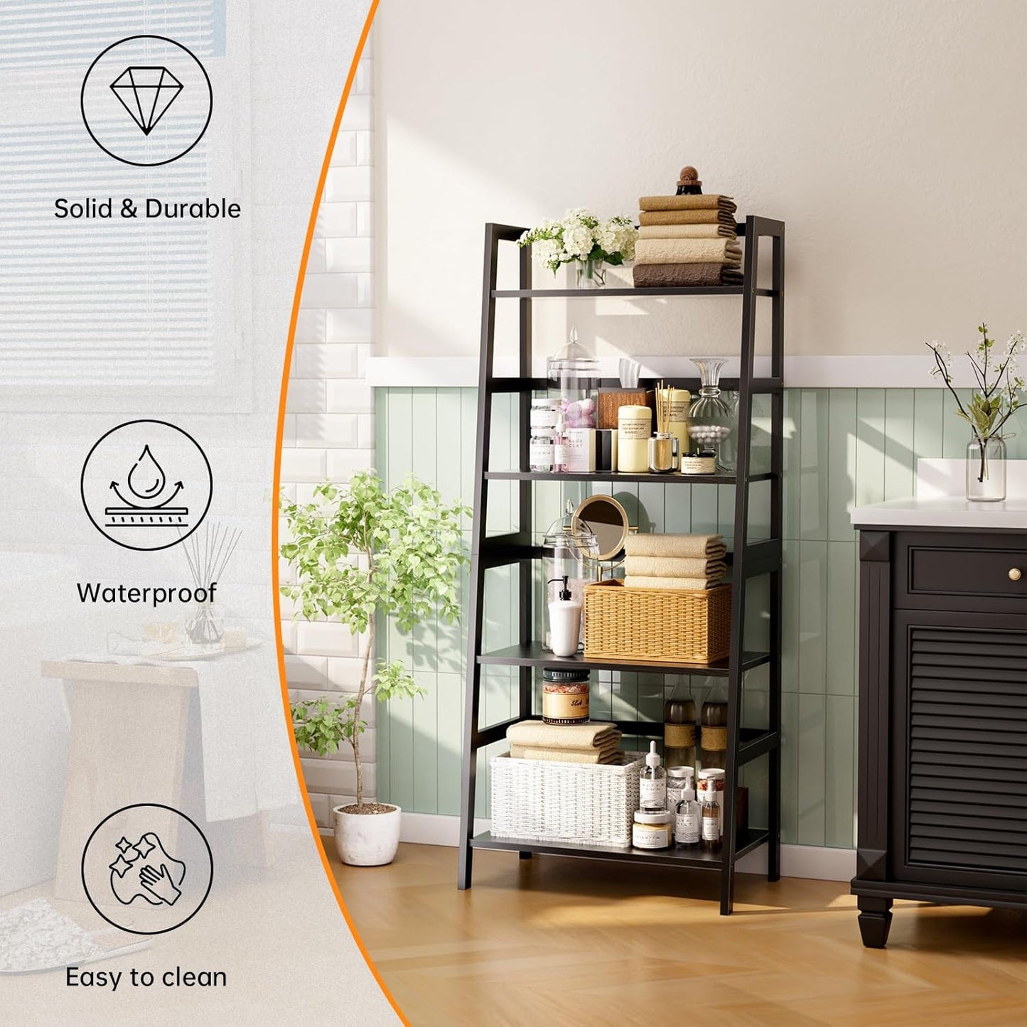 HITNET Ladder Shelf Black, 4-Tier Bookshelf, Freestanding Bathroom Storage Rack with Bamboo Frame, Plant Display Stand for Living Room, Kitchen, Home Office